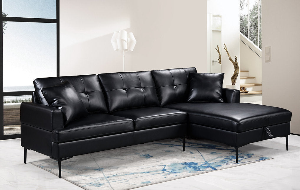 Luxurious Black Leather Chaise Sectional with Storage