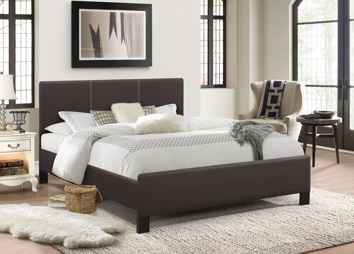 Modern Espresso Upholstered Bed with Contrast Stitching – Available in Queen, Double, and Single Sizes