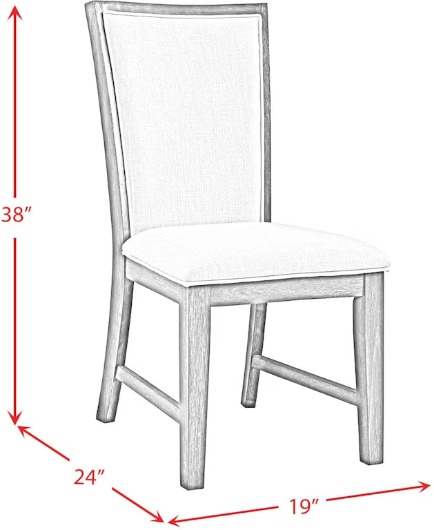 White chair with dimensions marked on a white background