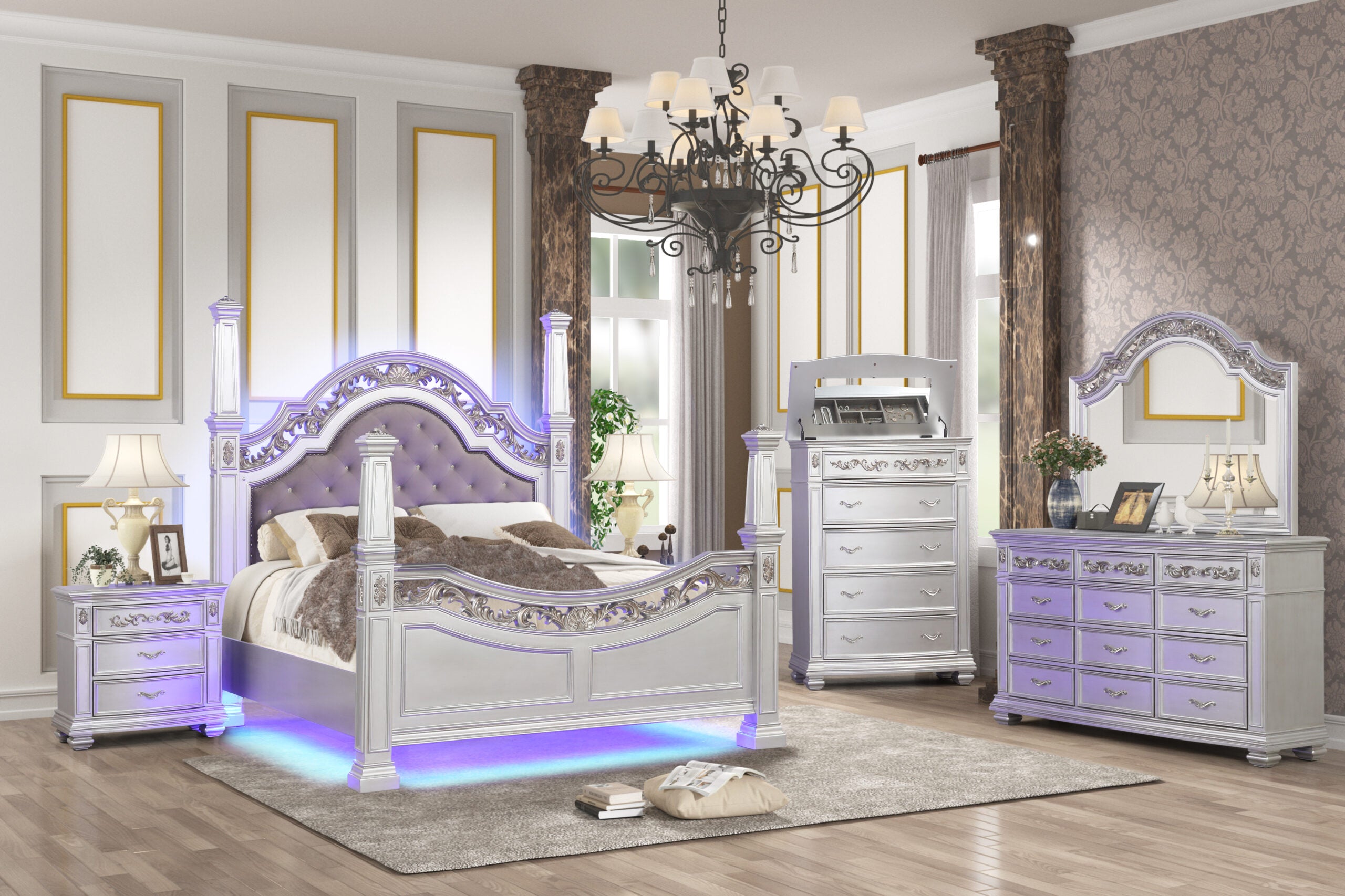 Queen Poster Bedroom Set 8Pcs Traditional with LED
