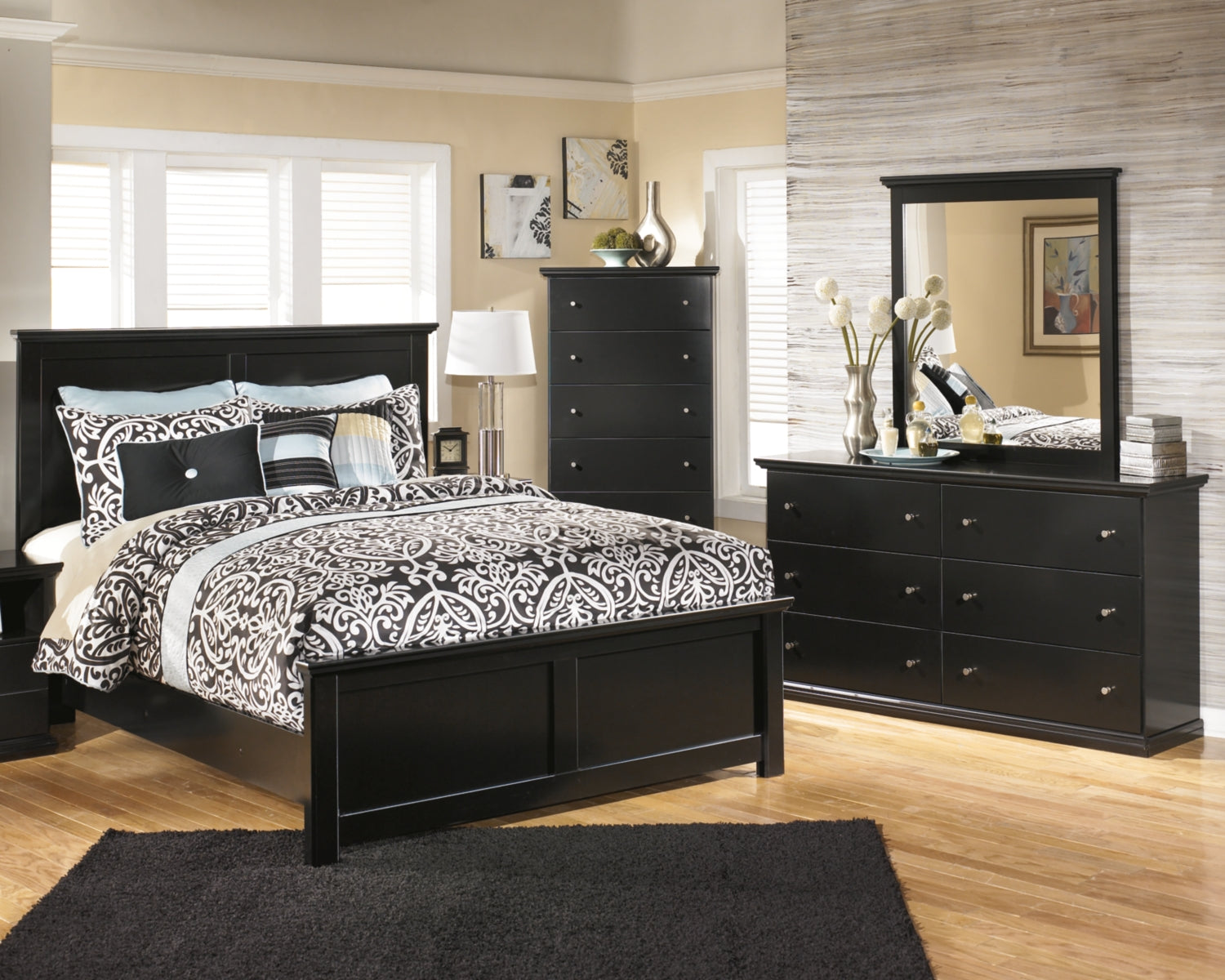 Maribel King/California King Panel Headboard Bed with Mirrored Dresser and Chest