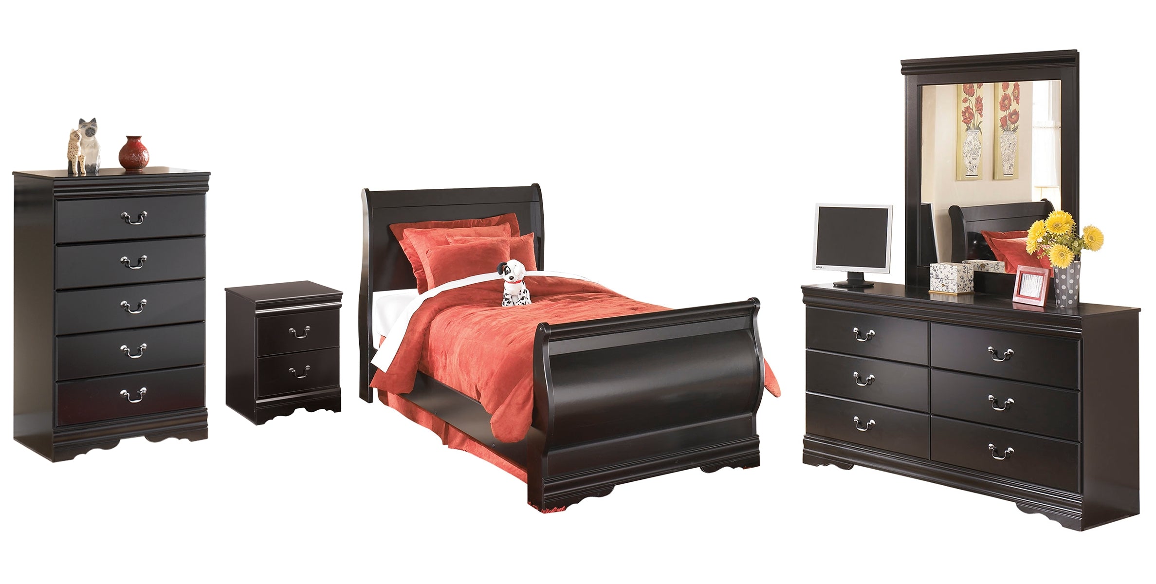Huey Vineyard Twin Sleigh Bed with Mirrored Dresser, Chest and Nightstand