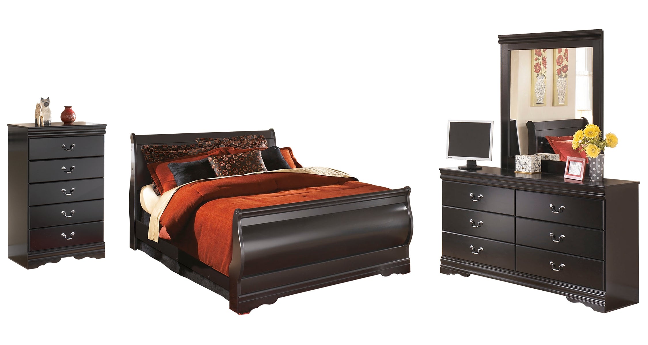 Huey Vineyard Queen Sleigh Bed with Mirrored Dresser and Chest