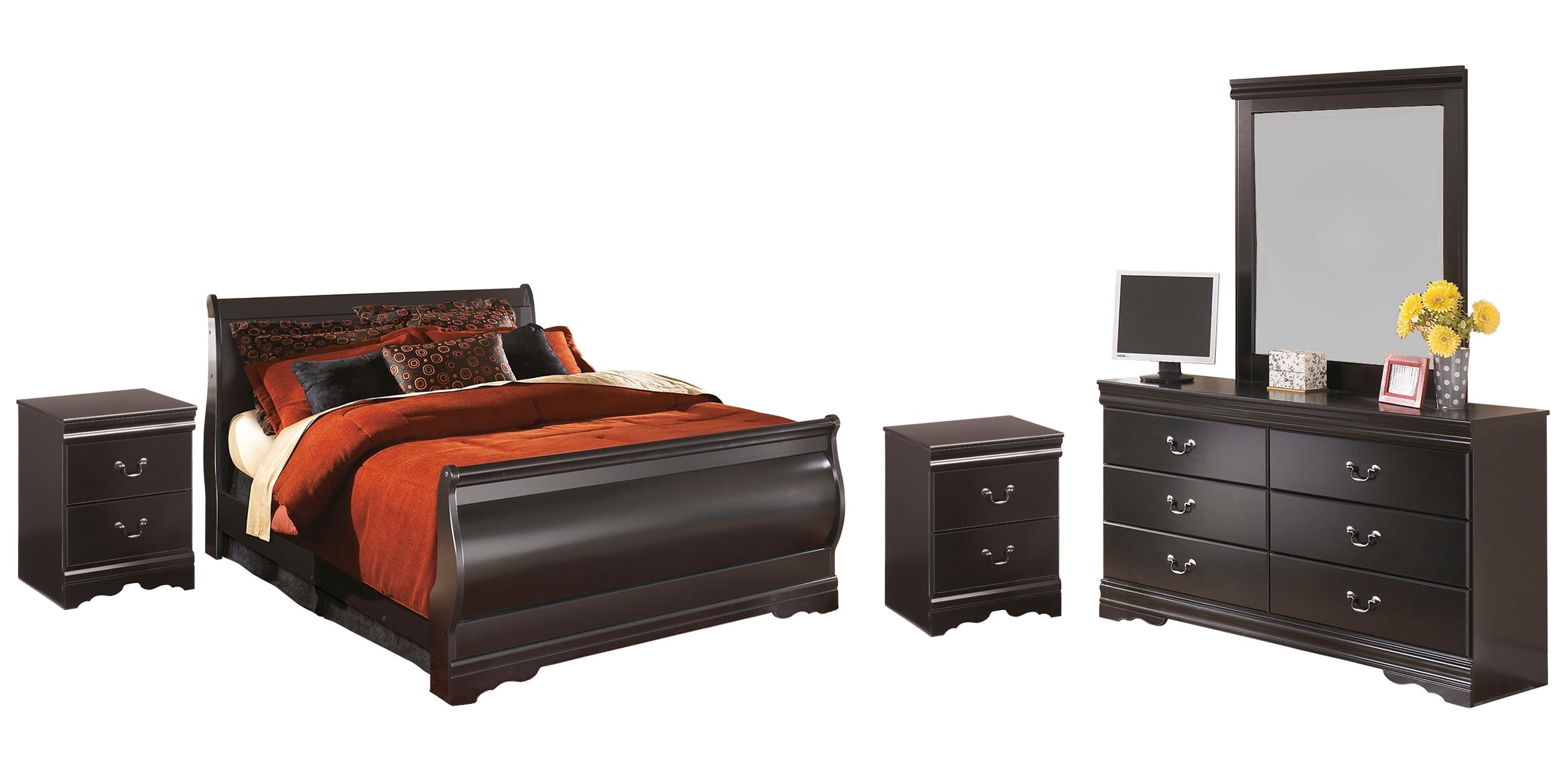 Huey Vineyard Full Sleigh Bed with Mirrored Dresser and 2 Nightstands