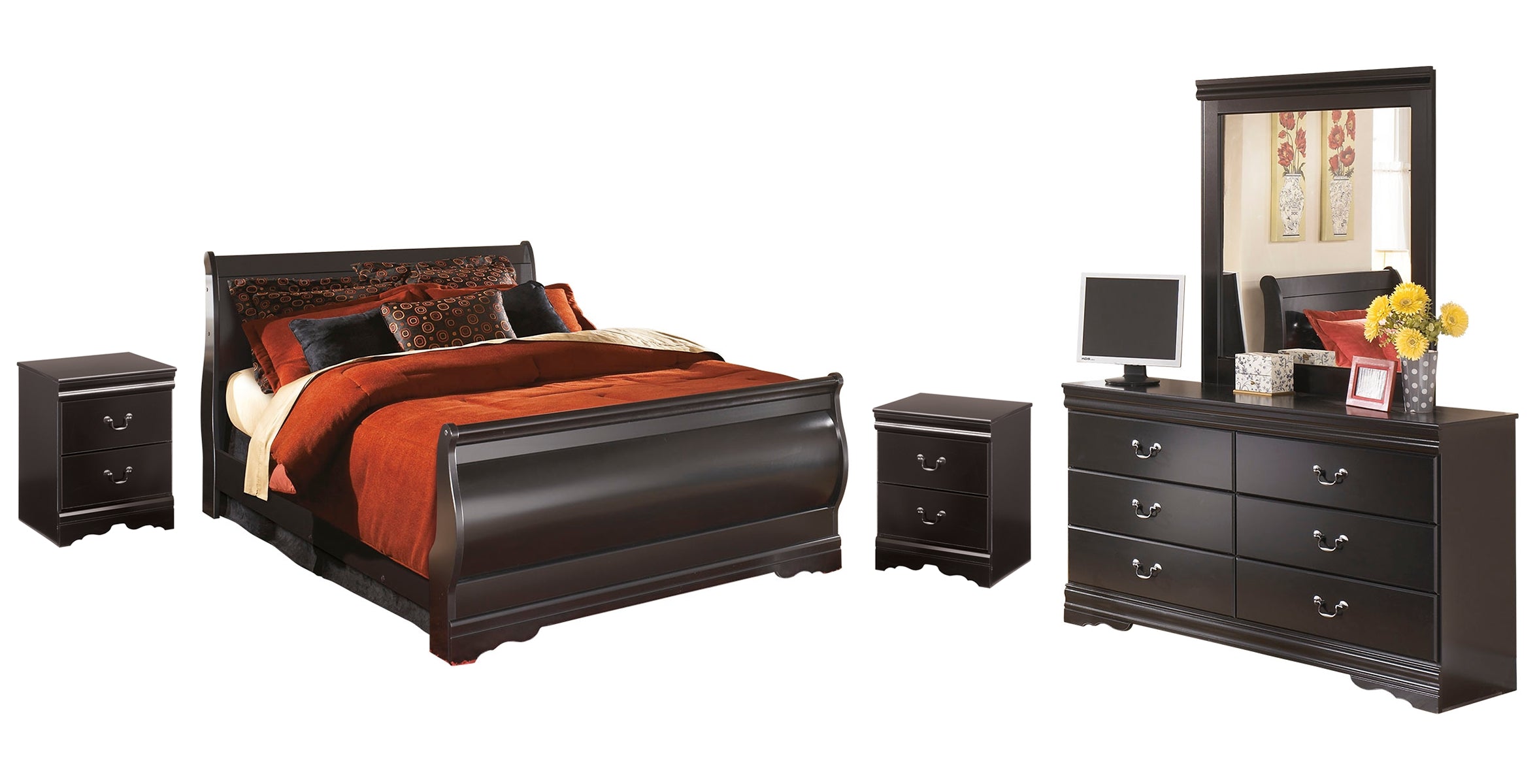 Huey Vineyard Queen Sleigh Bed with Mirrored Dresser and 2 Nightstands