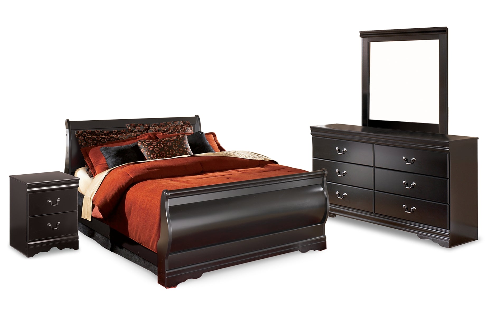 Huey Vineyard Full Sleigh Bed with Mirrored Dresser and Nightstand