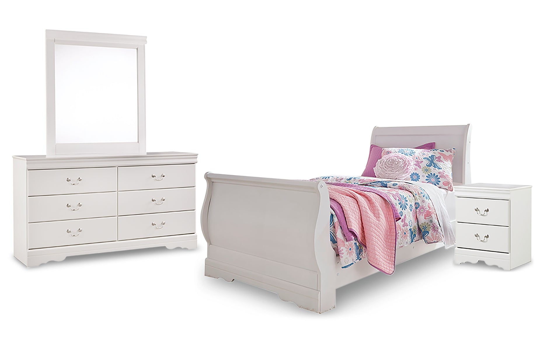 Anarasia Twin Sleigh Bed with Mirrored Dresser and Nightstand