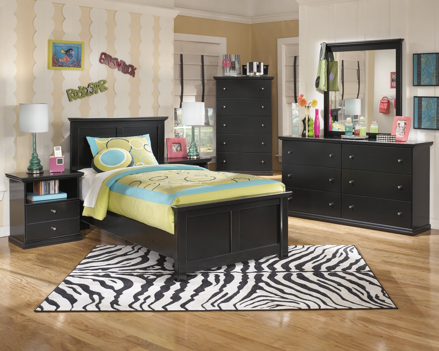 Maribel Twin Panel Bed with Mirrored Dresser, Chest and Nightstand