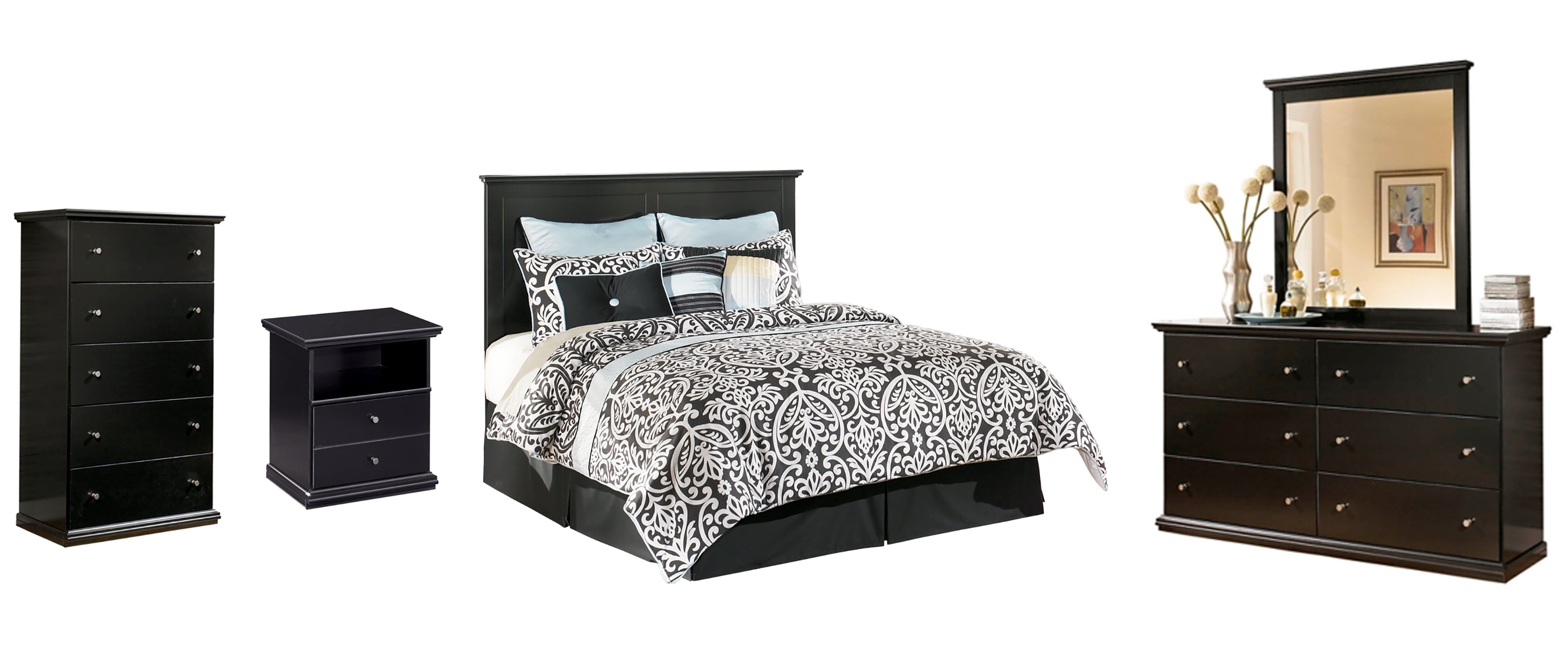 Maribel King/California King Panel Headboard Bed with Mirrored Dresser, Chest and Nightstand