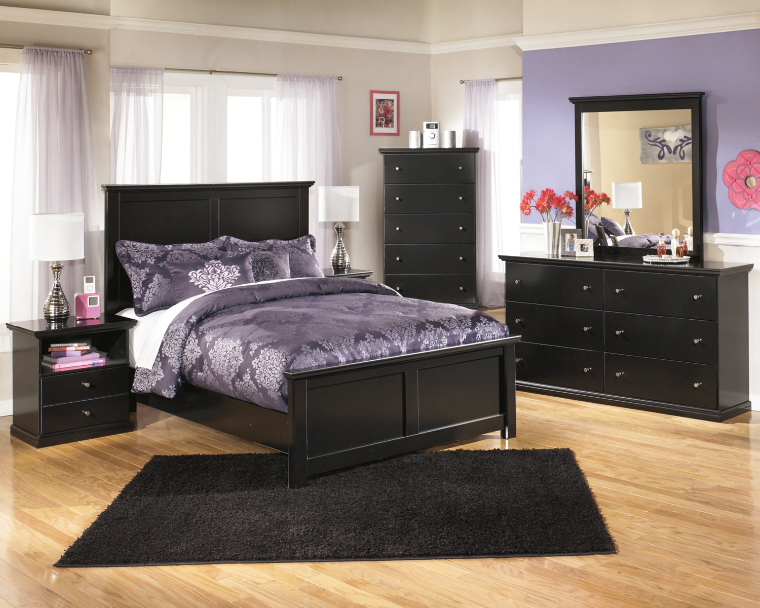 Maribel Full Panel Bed with Mirrored Dresser, Chest and Nightstand