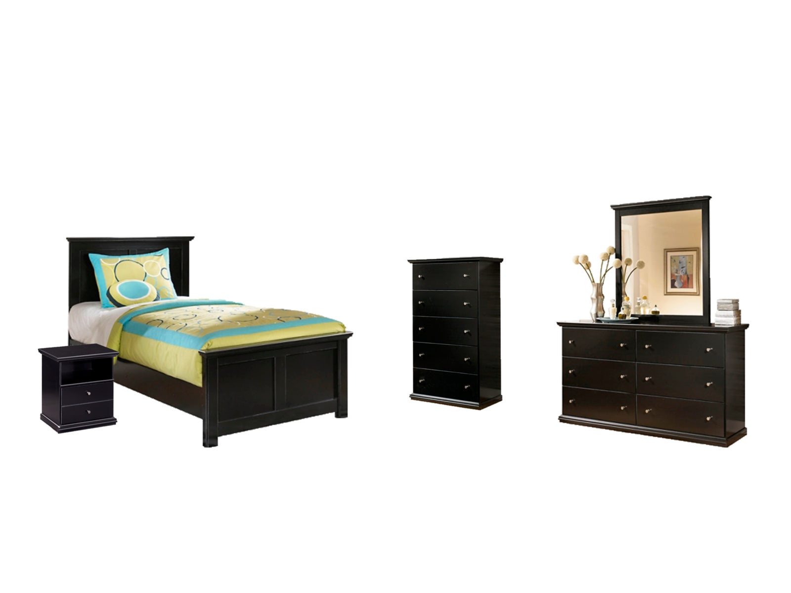 Maribel Twin Panel Bed with Mirrored Dresser, Chest and Nightstand