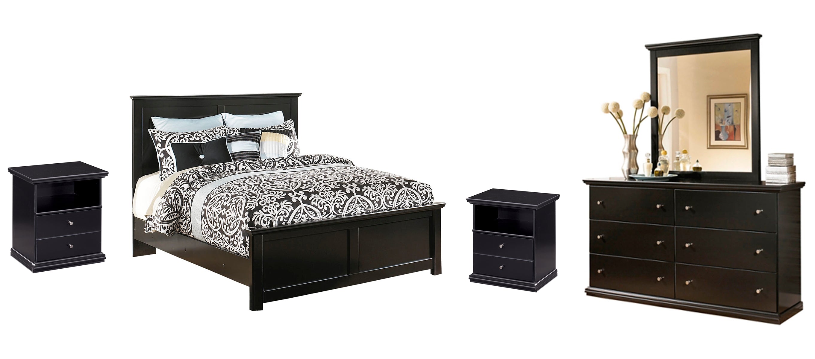 Maribel Queen Panel Bed with Mirrored Dresser and 2 Nightstands
