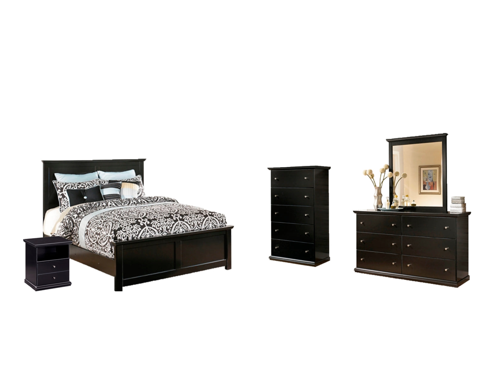 Maribel King Panel Bed with Mirrored Dresser, Chest and Nightstand