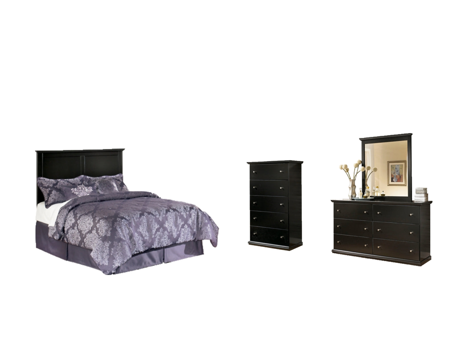 Maribel Full Panel Headboard Bed with Mirrored Dresser and Chest