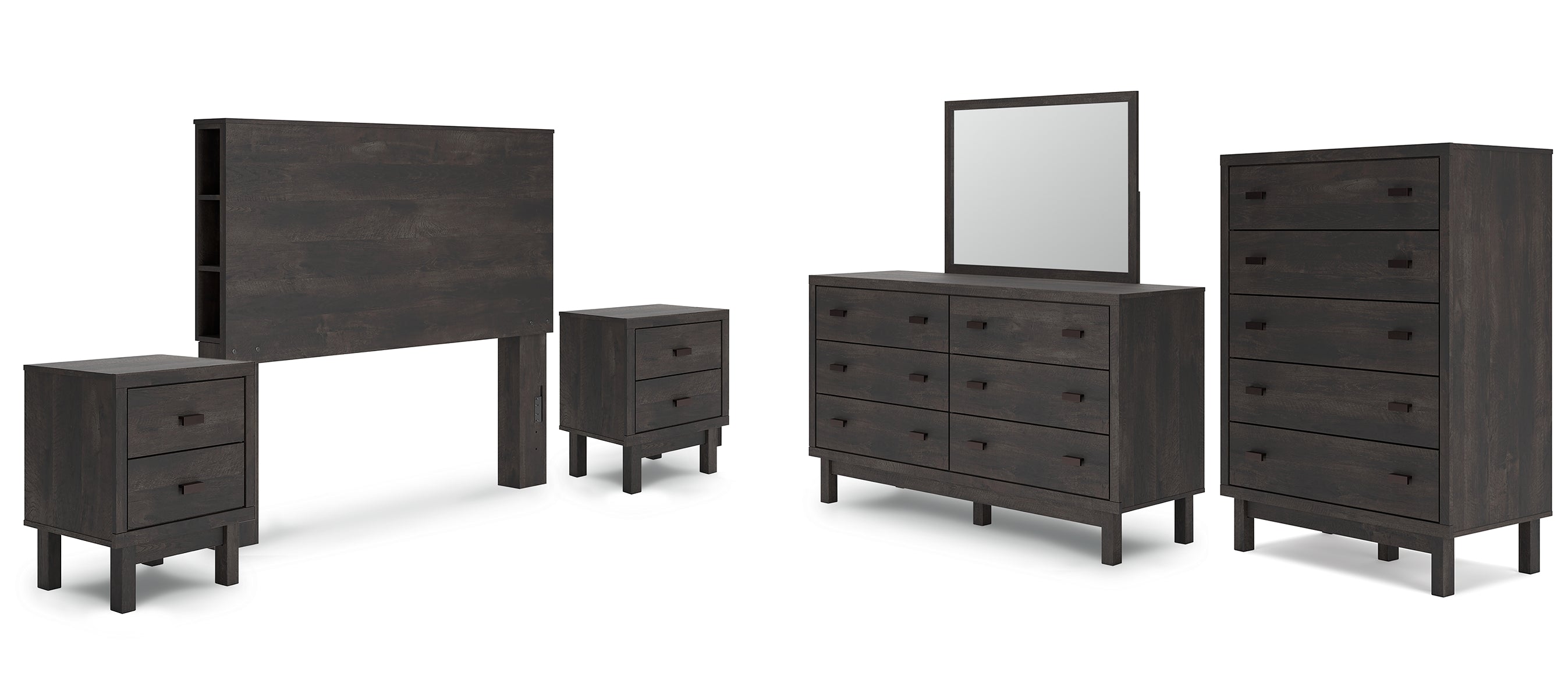 Toretto Queen Bookcase Headboard with Mirrored Dresser, Chest and 2 Nightstands