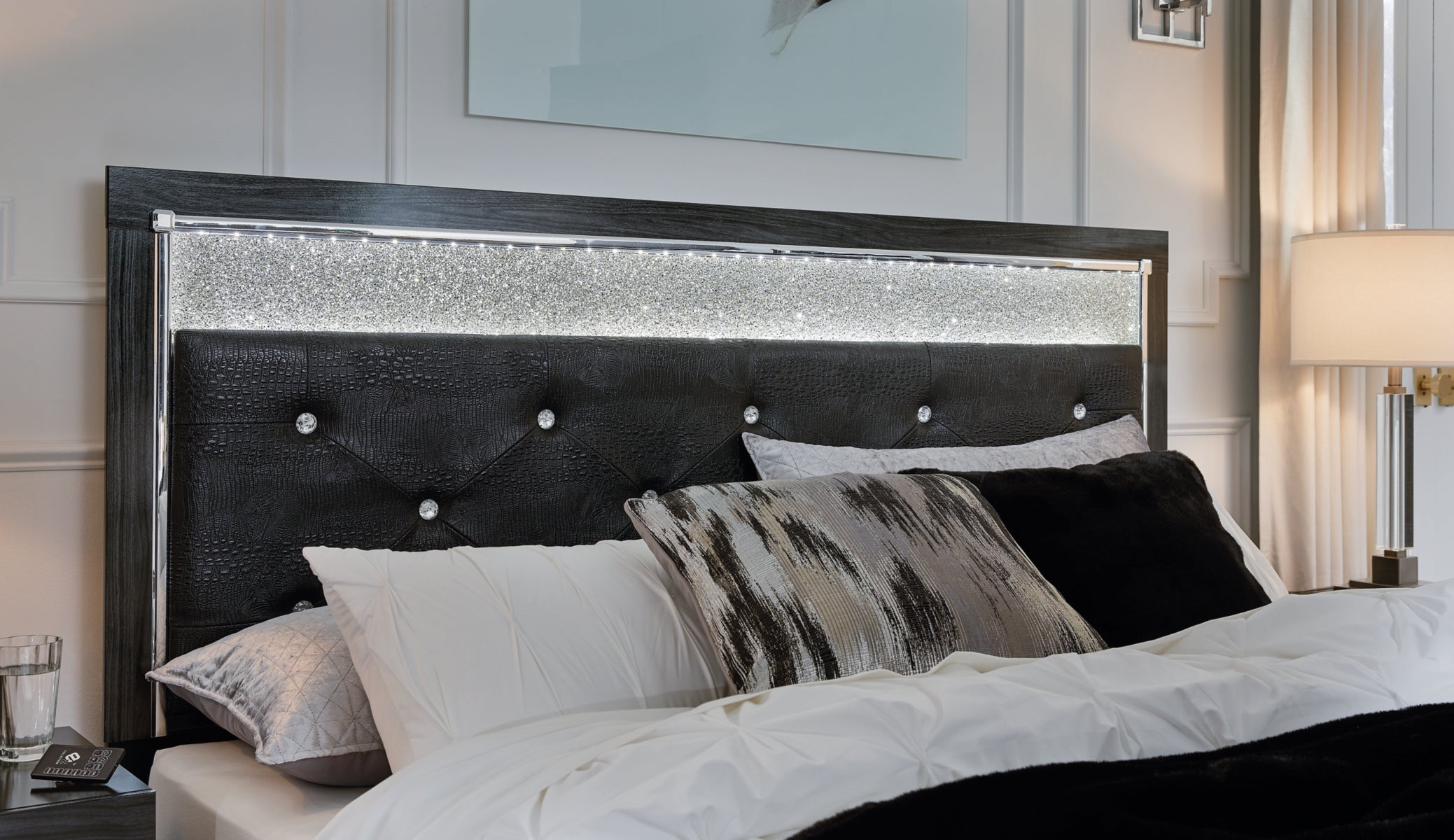 Kaydell King Upholstered Panel Platform Bed with Mirrored Dresser
