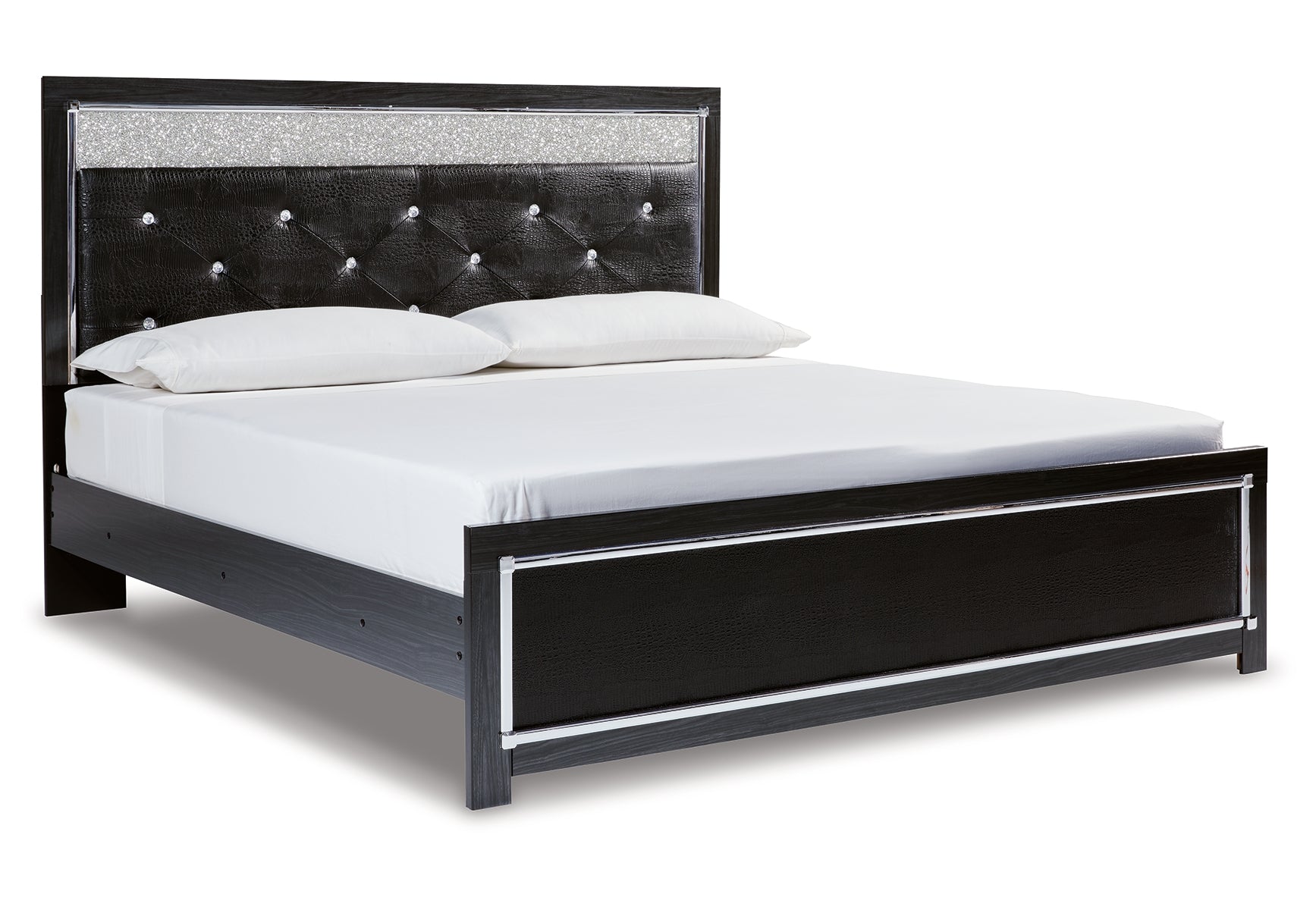 Kaydell King Upholstered Panel Platform Bed with Mirrored Dresser, Chest and Nightstand