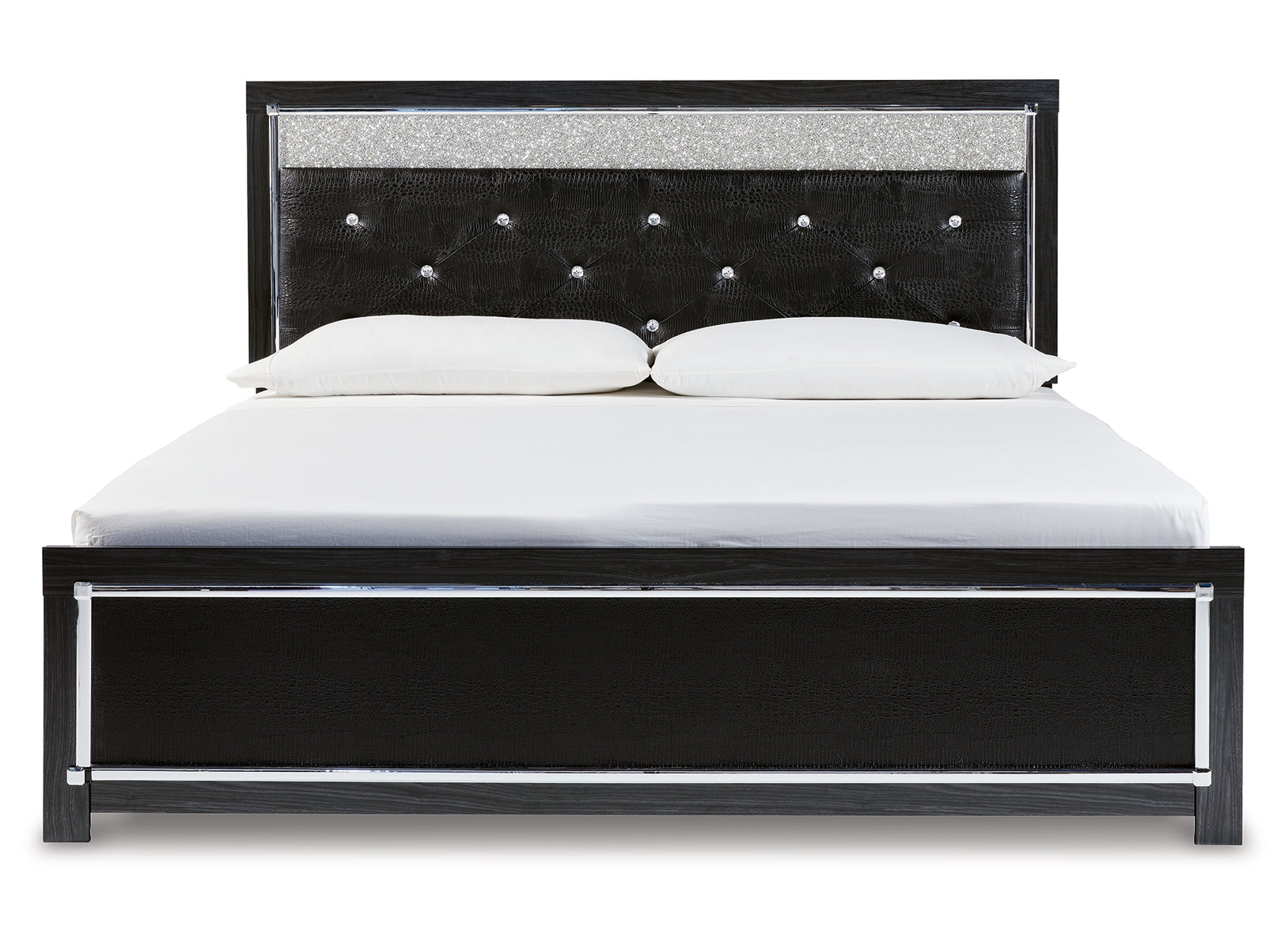 Kaydell King Upholstered Panel Platform Bed with Mirrored Dresser and Chest