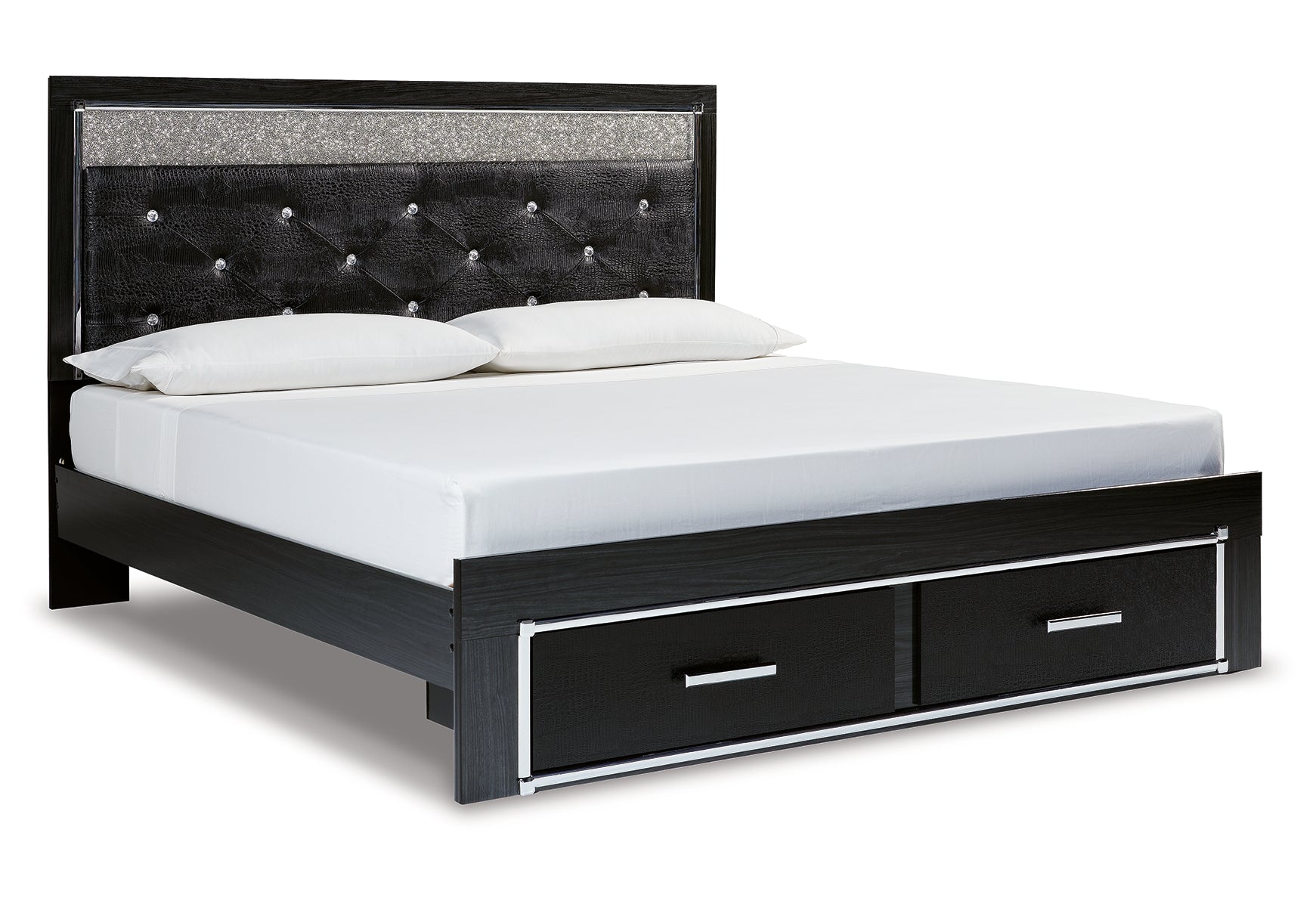 Kaydell King Upholstered Panel Storage Bed with Mirrored Dresser, Chest and 2 Nightstands