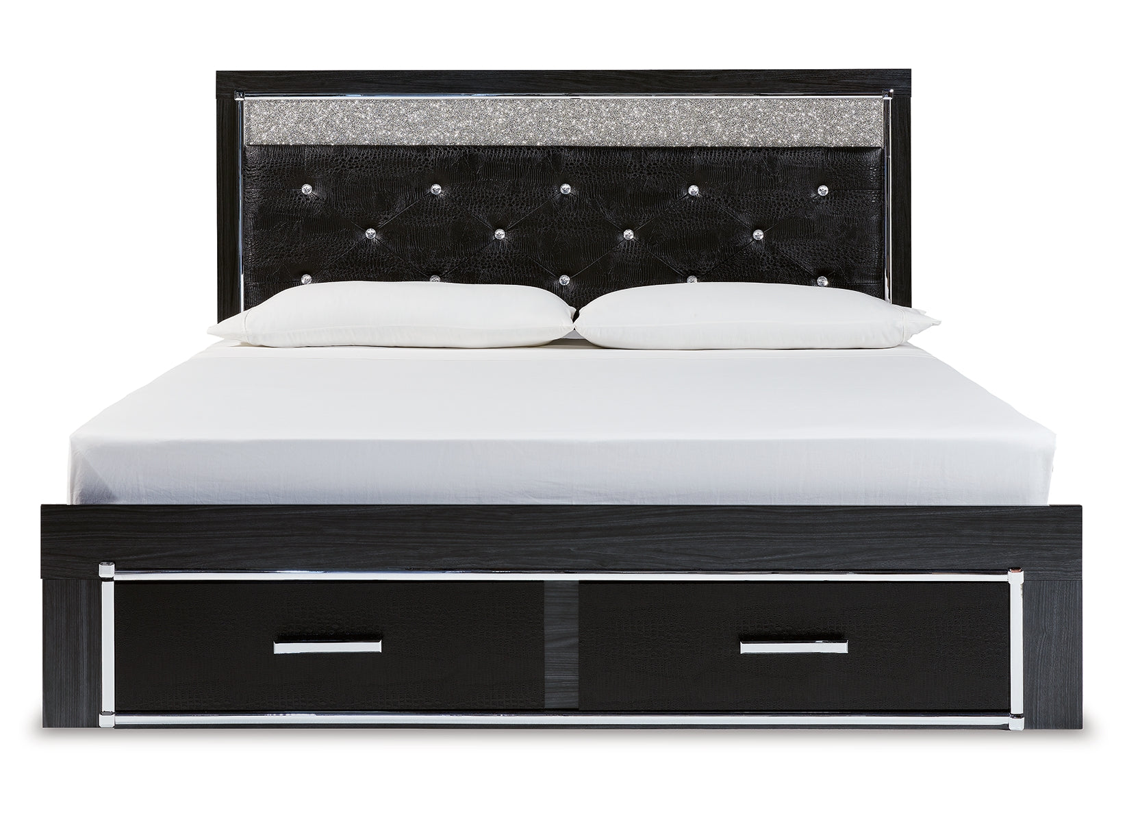 Kaydell King Upholstered Panel Storage Bed with Mirrored Dresser, Chest and 2 Nightstands