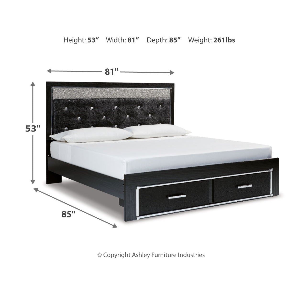 Kaydell King Upholstered Panel Storage Platform Bed with Mirrored Dresser, Chest and Nightstand