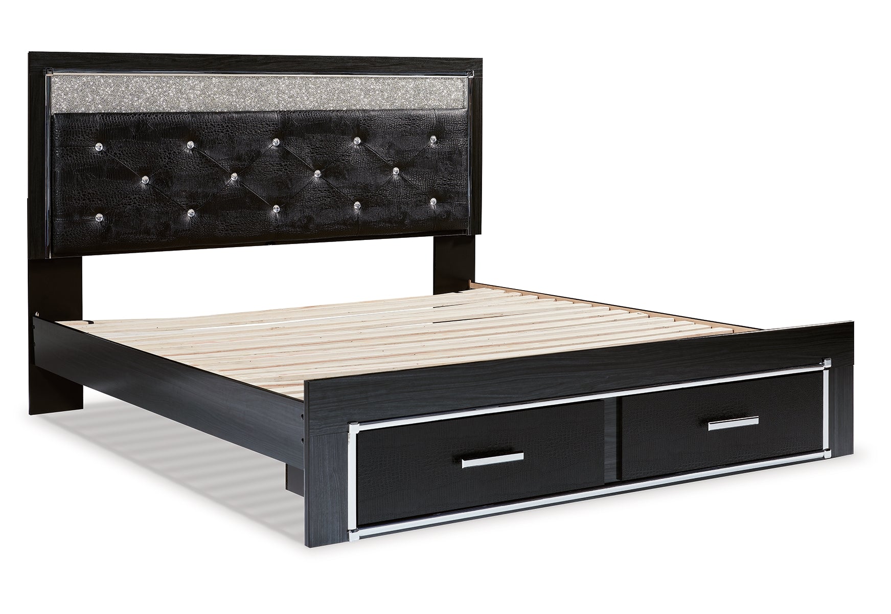 Kaydell King Upholstered Panel Storage Platform Bed with Mirrored Dresser and Chest