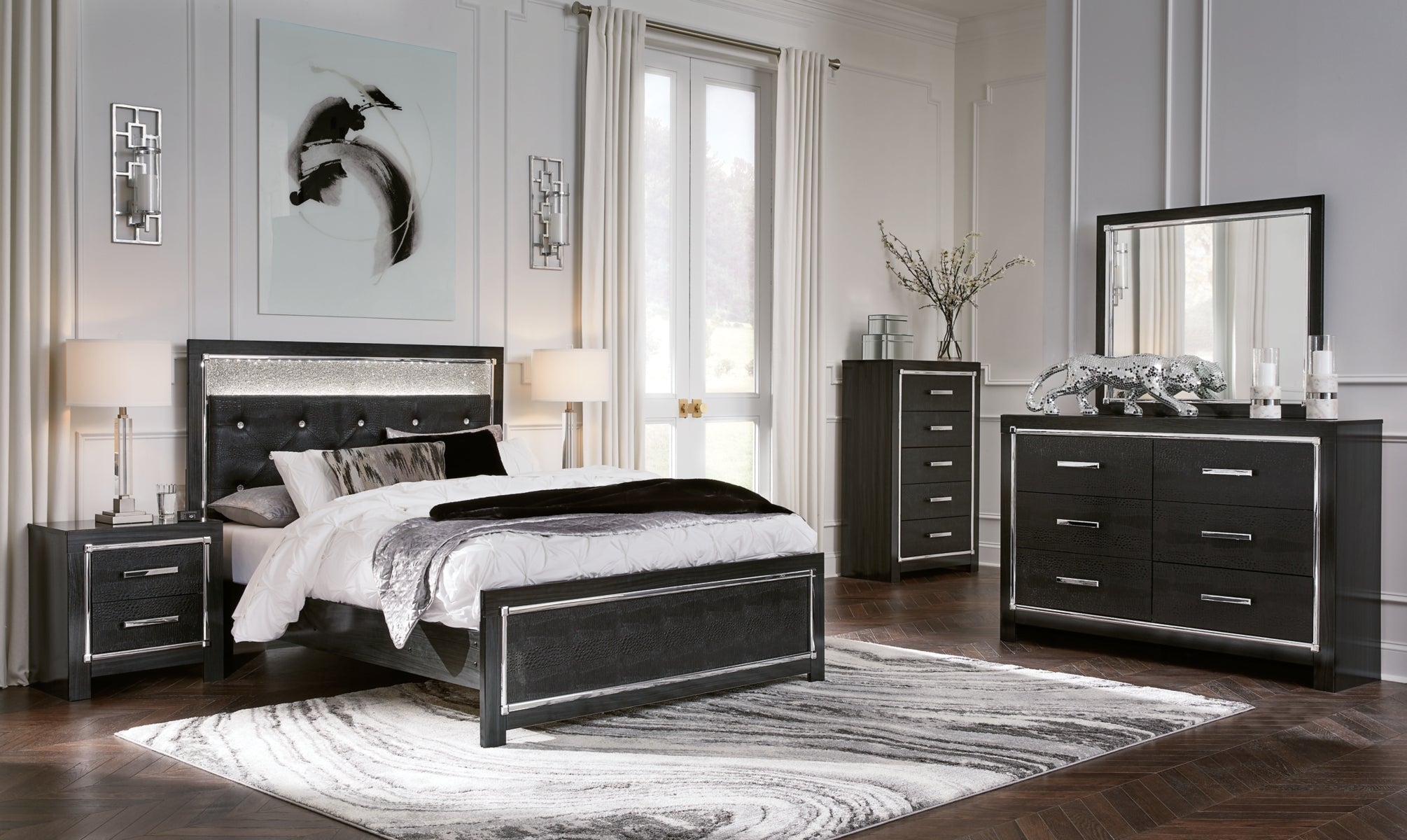 Kaydell Queen Upholstered Panel Bed with Mirrored Dresser, Chest and 2 Nightstands