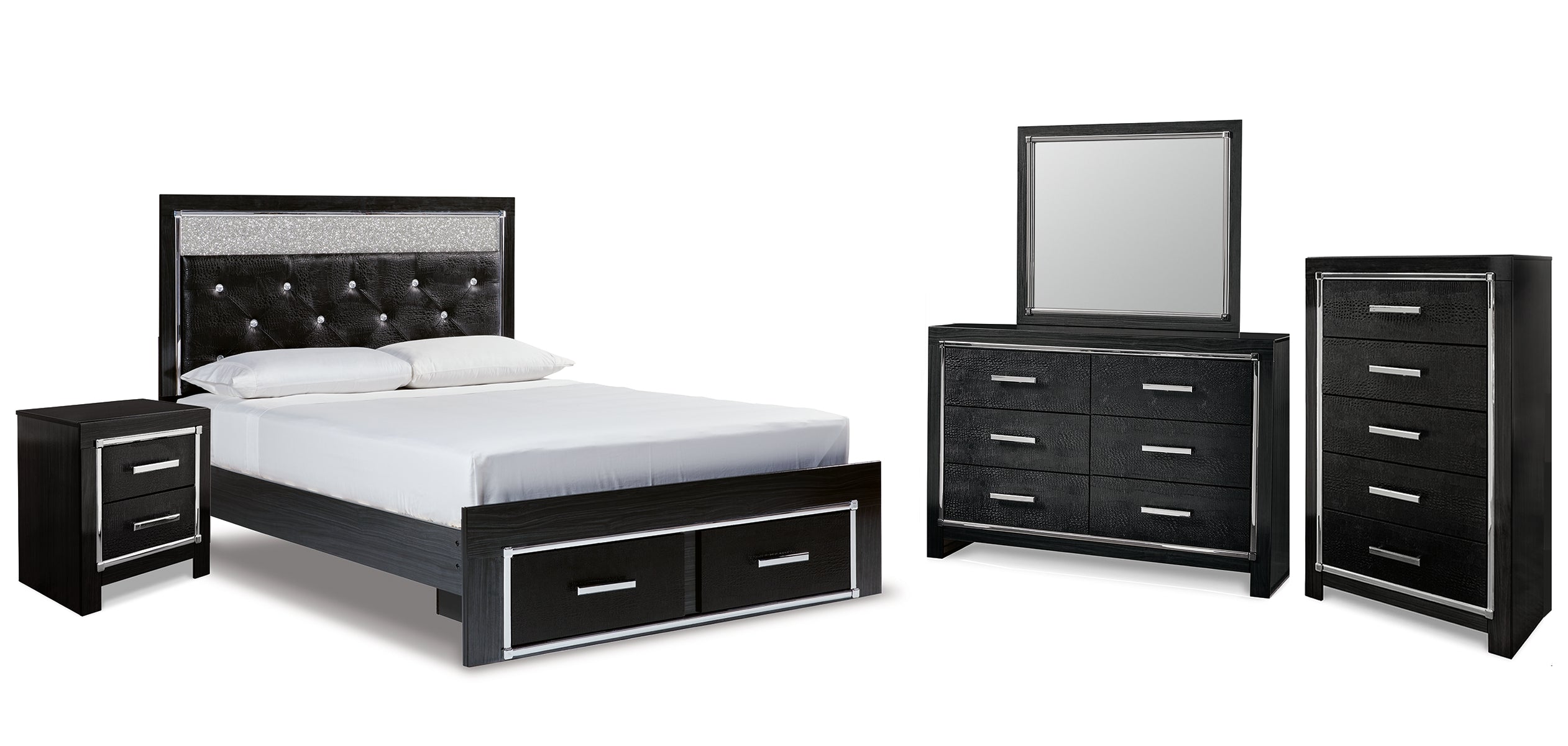 Kaydell Queen Upholstered Panel Storage Bed with Mirrored Dresser, Chest and Nightstand