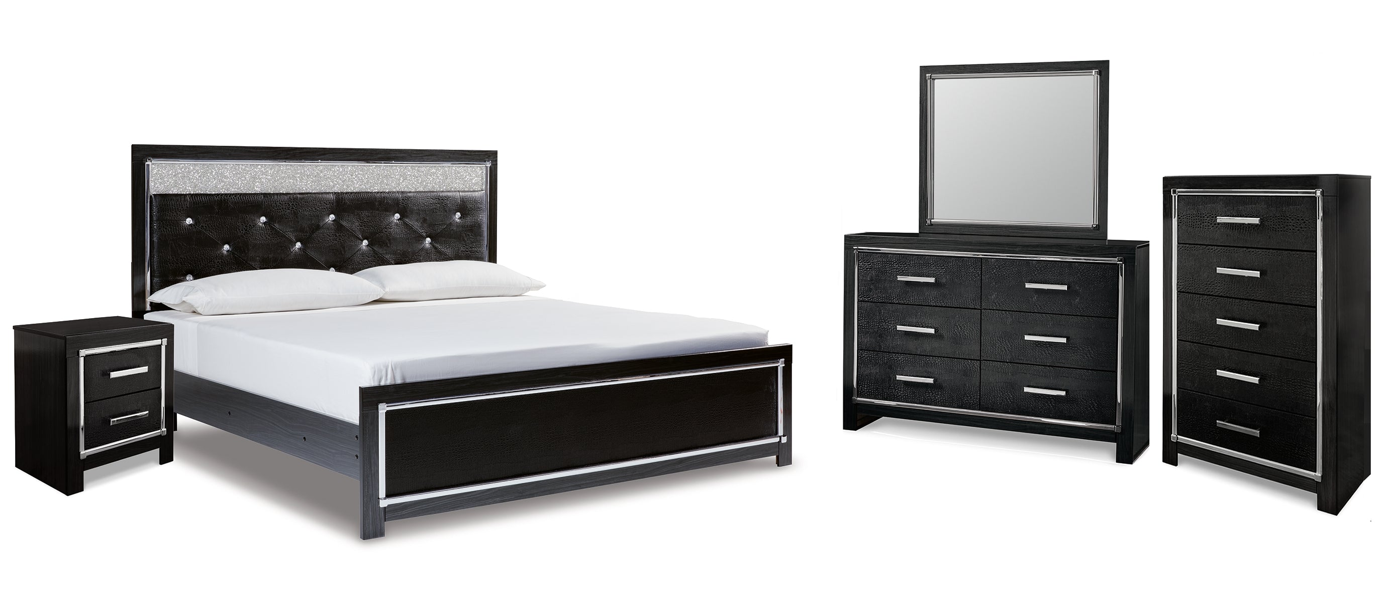 Kaydell King Upholstered Panel Bed with Mirrored Dresser, Chest and Nightstand