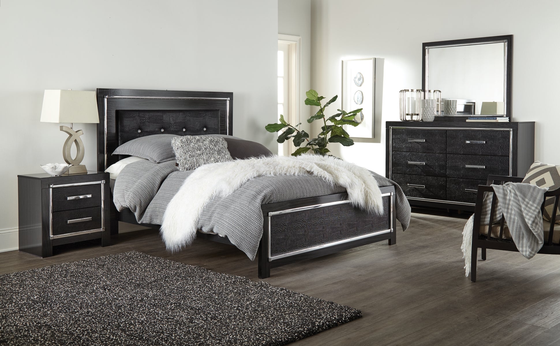 Kaydell King Upholstered Panel Storage Platform Bed with Mirrored Dresser, Chest and 2 Nightstands