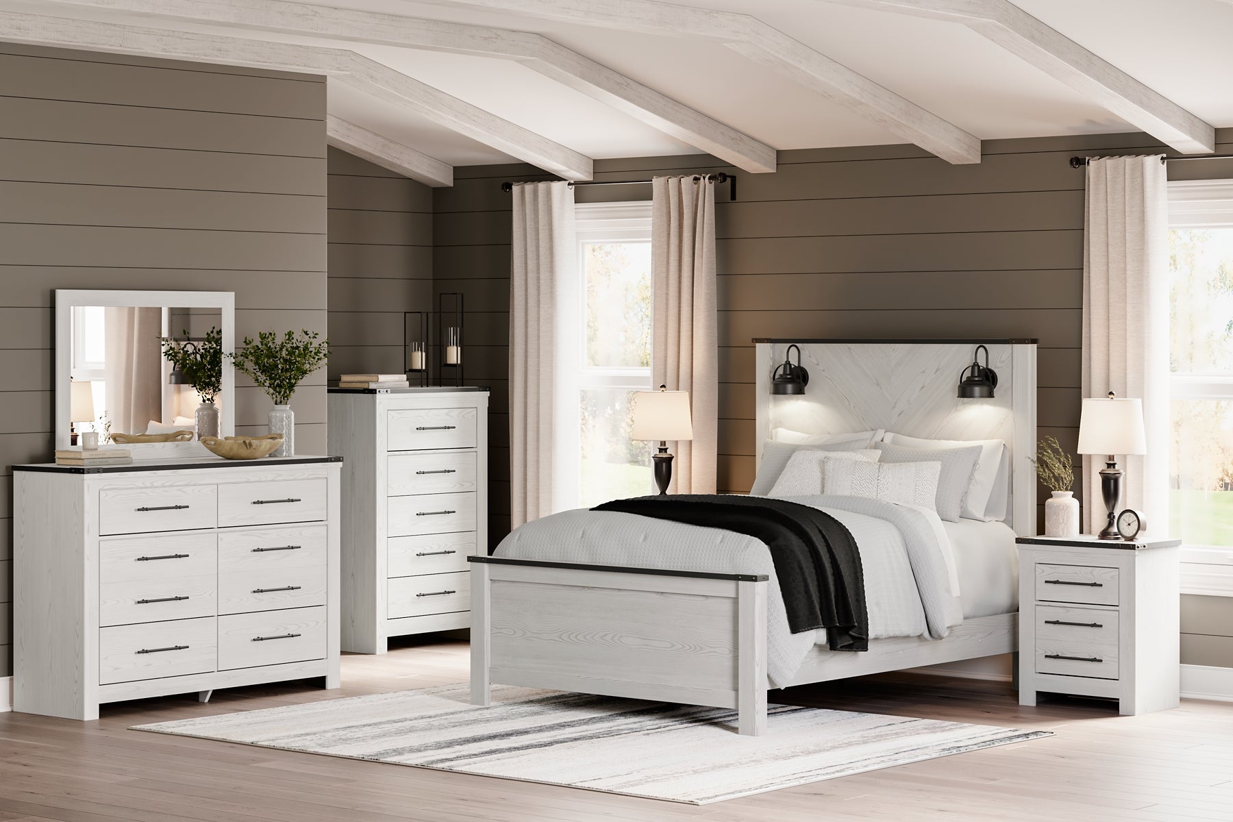 Schoenberg King Panel Bed with Mirrored Dresser, Chest and Nightstand