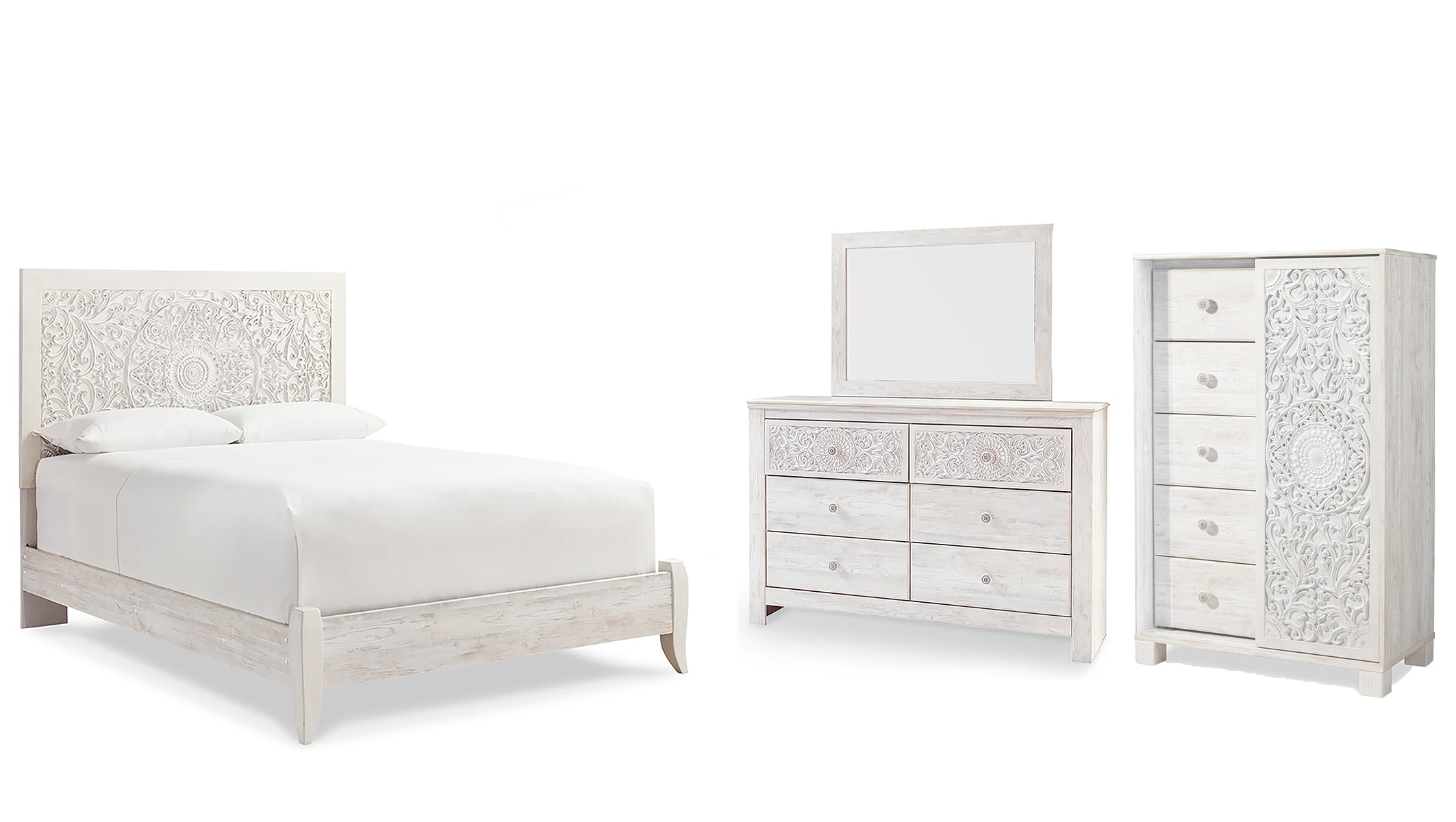 Paxberry Queen Panel Bed with Mirrored Dresser and Chest