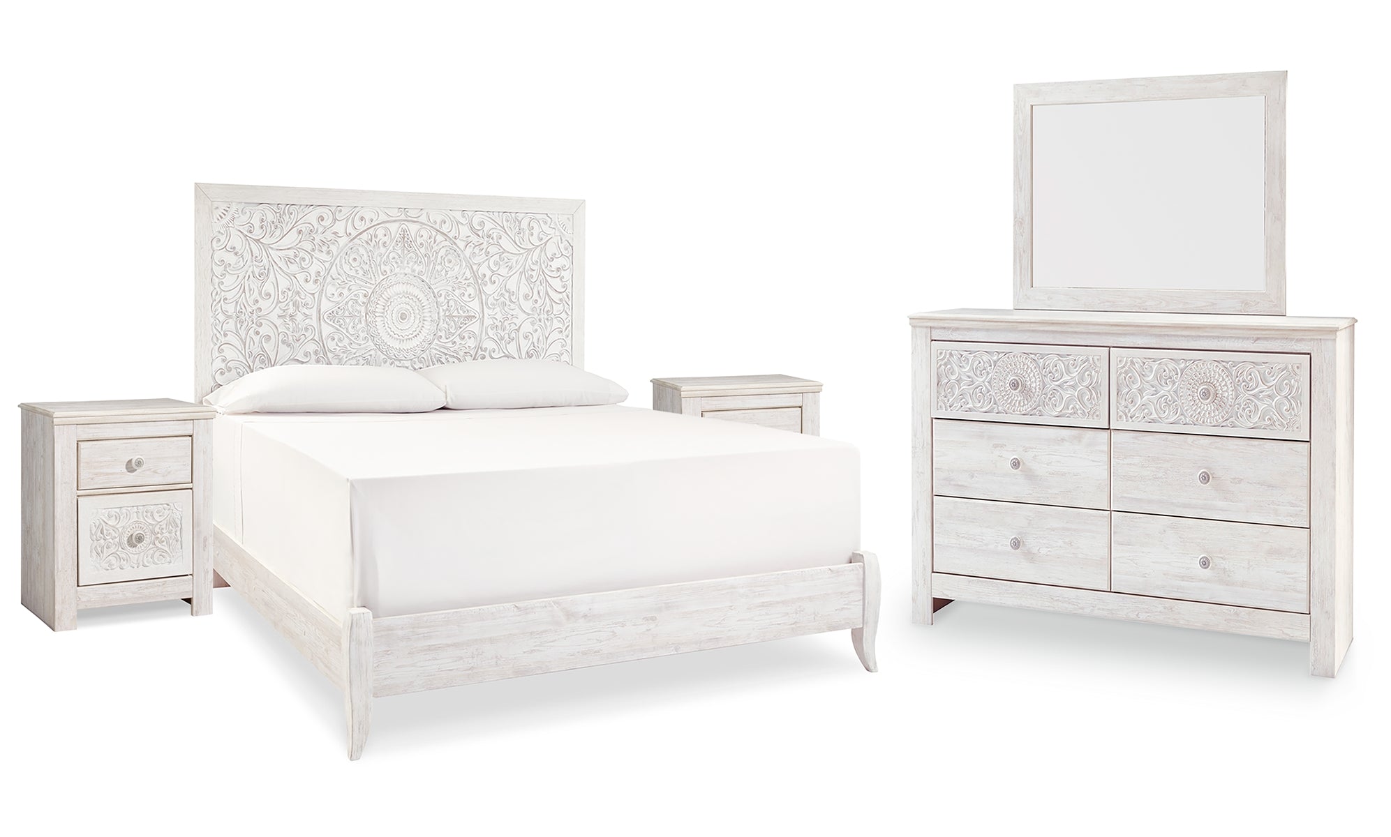 Paxberry King Panel Bed with Mirrored Dresser and 2 Nightstands