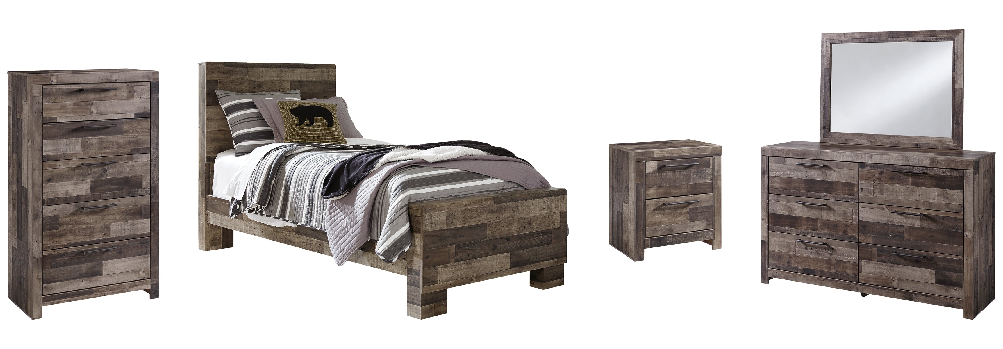 Derekson Twin Panel Bed with Mirrored Dresser, Chest and Nightstand