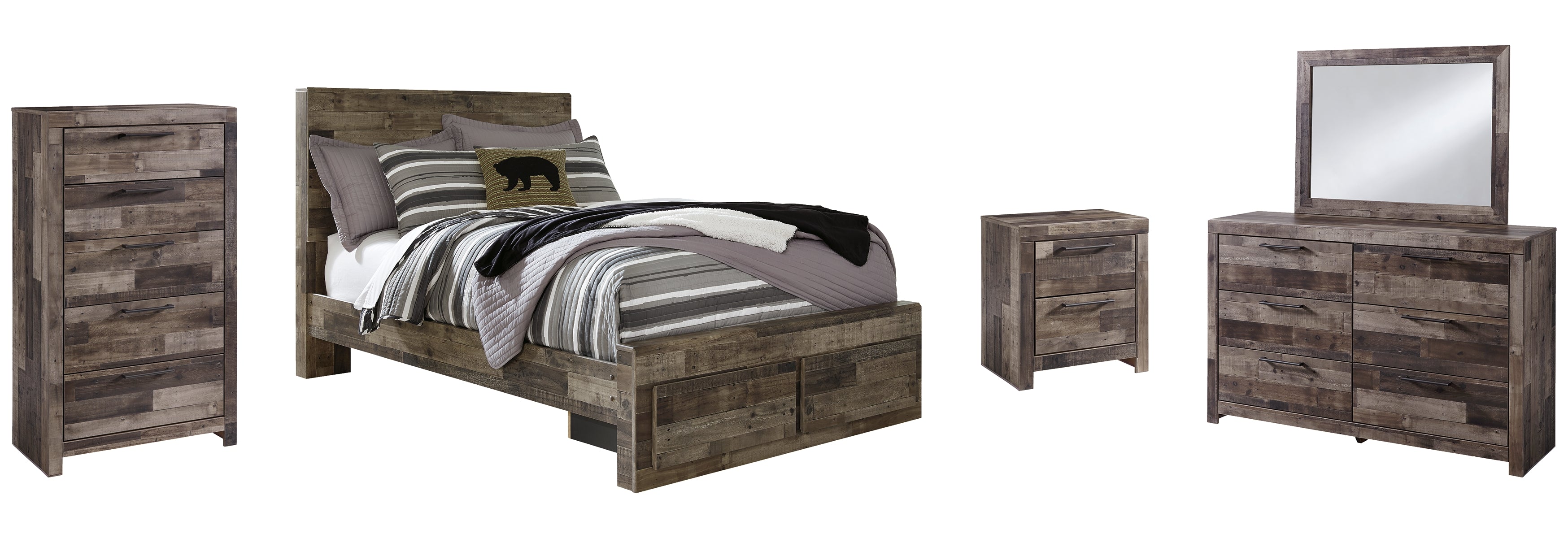 Derekson Full Panel Bed with 2 Storage Drawers with Mirrored Dresser, Chest and Nightstand