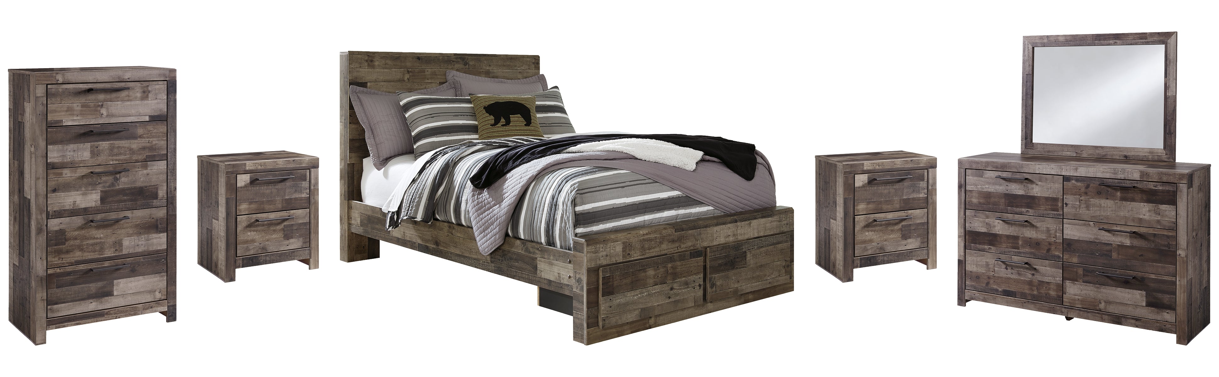 Derekson Full Panel Bed with 2 Storage Drawers with Mirrored Dresser, Chest and 2 Nightstands