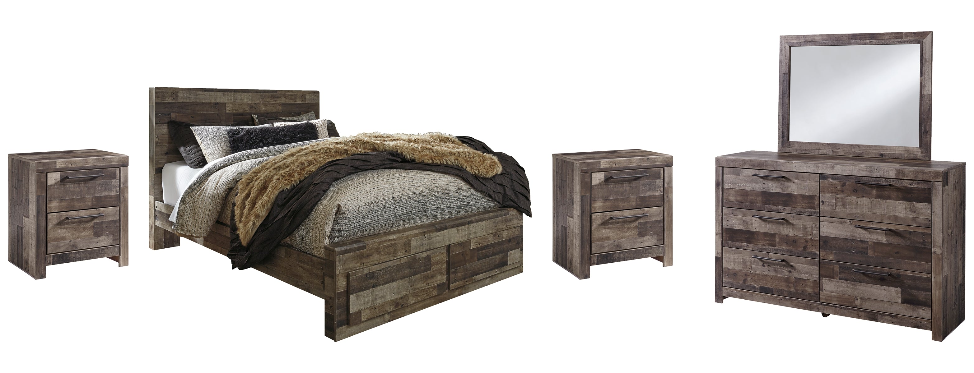 Derekson Queen Panel Bed with 2 Storage Drawers with Mirrored Dresser, Chest and Nightstand