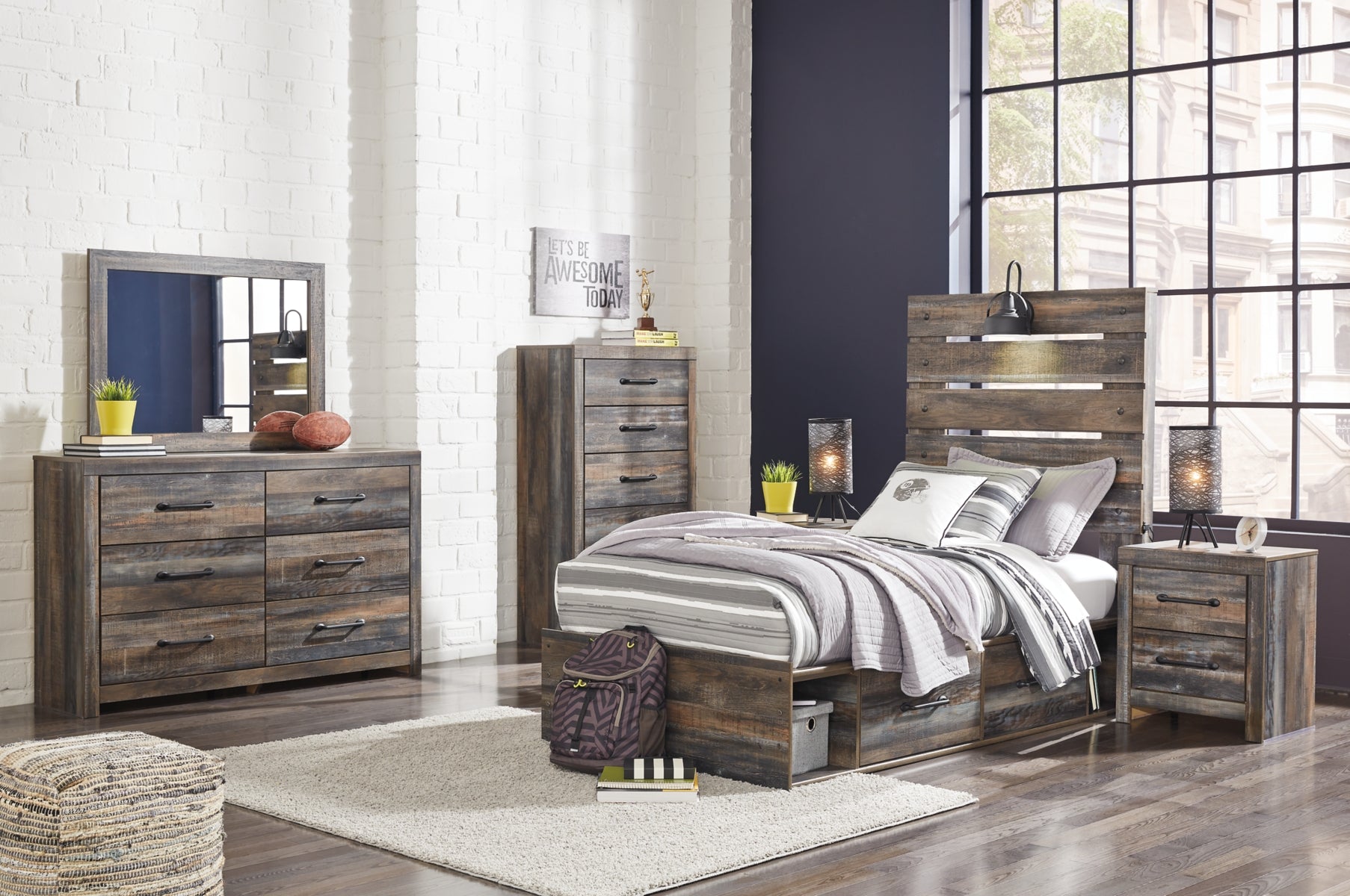 Drystan Twin Panel Headboard Bed with Mirrored Dresser, Chest and 2 Nightstands