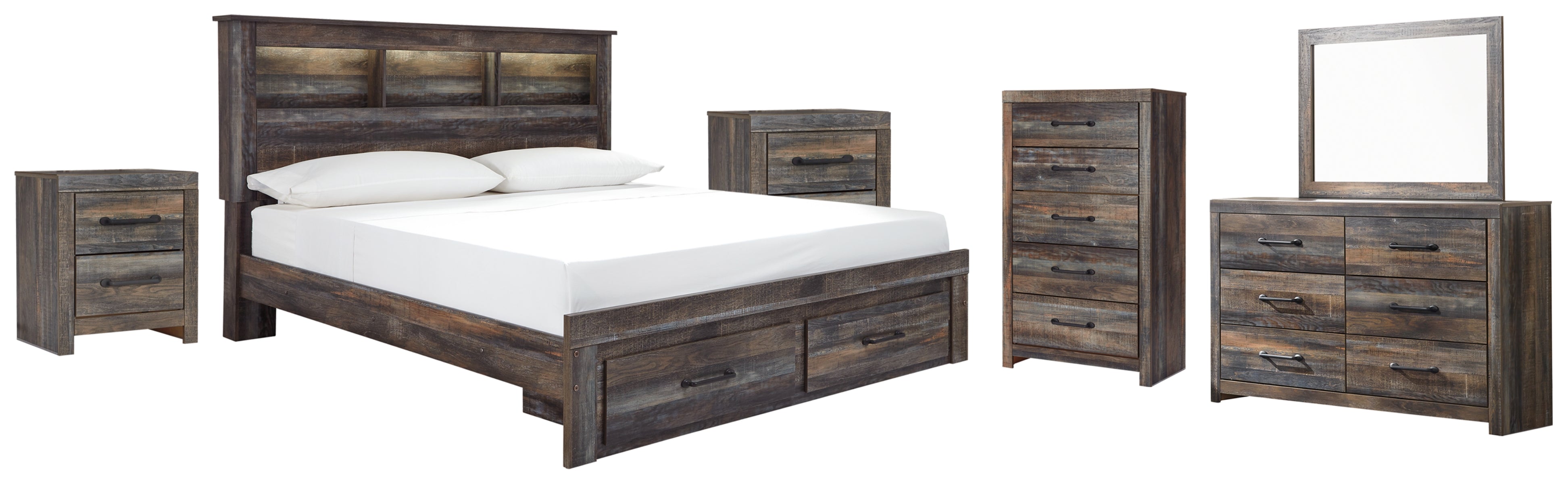 Drystan King Bookcase Bed with 2 Storage Drawers with Mirrored Dresser, Chest and 2 Nightstands
