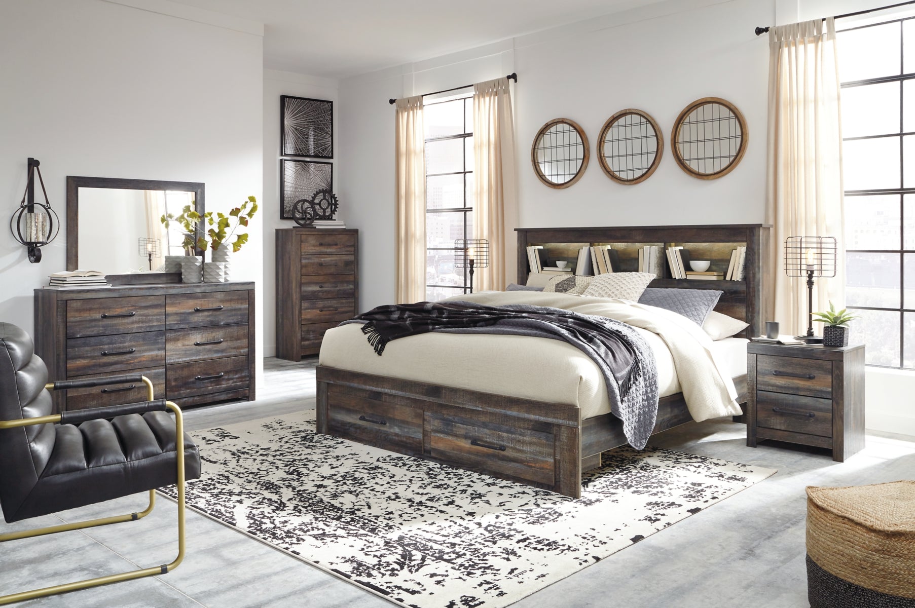 Drystan King Bookcase Bed with 2 Storage Drawers with Mirrored Dresser, Chest and 2 Nightstands