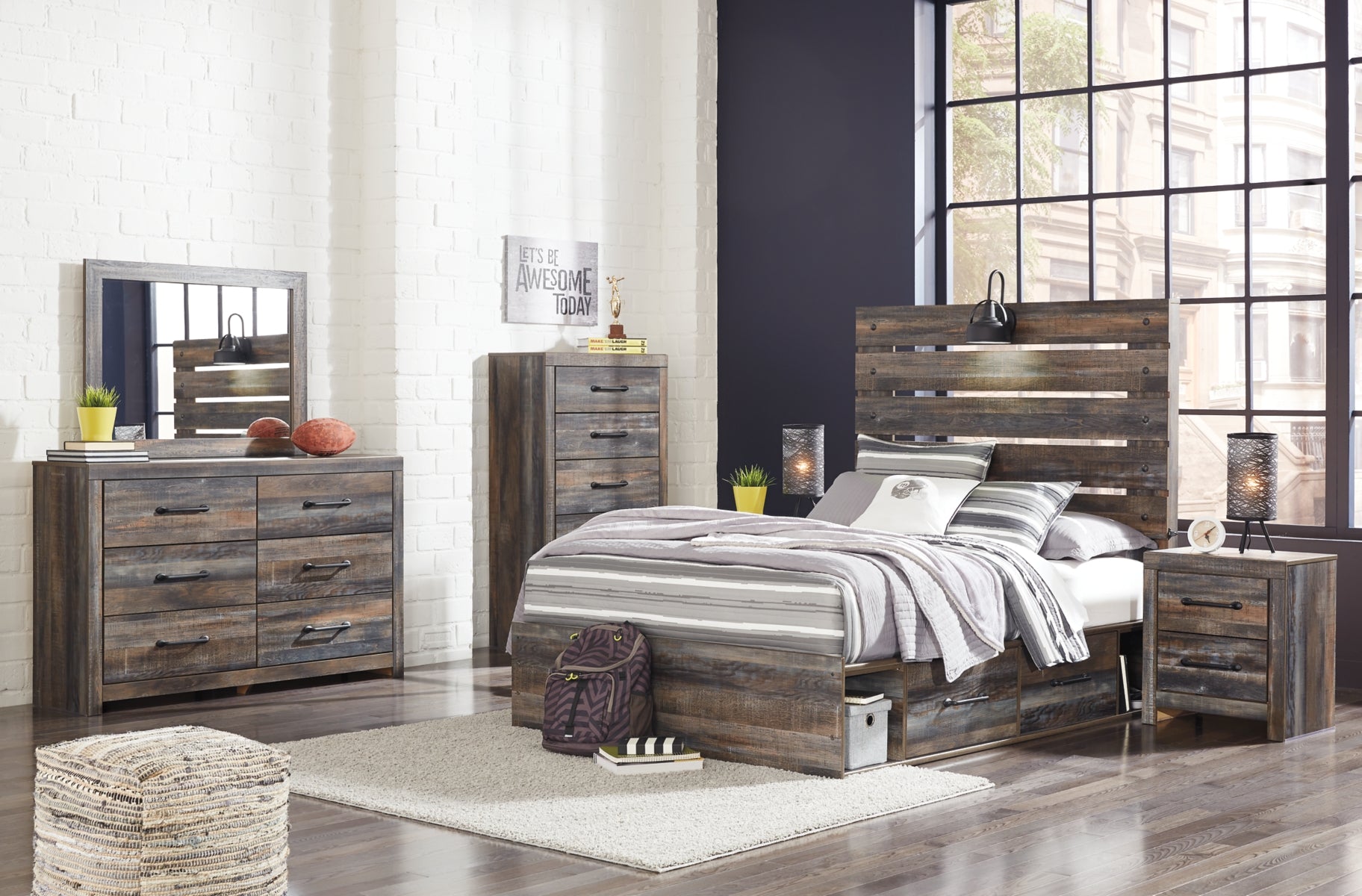 Drystan Full Panel Bed with 2 Storage Drawers with Mirrored Dresser, Chest and 2 Nightstands