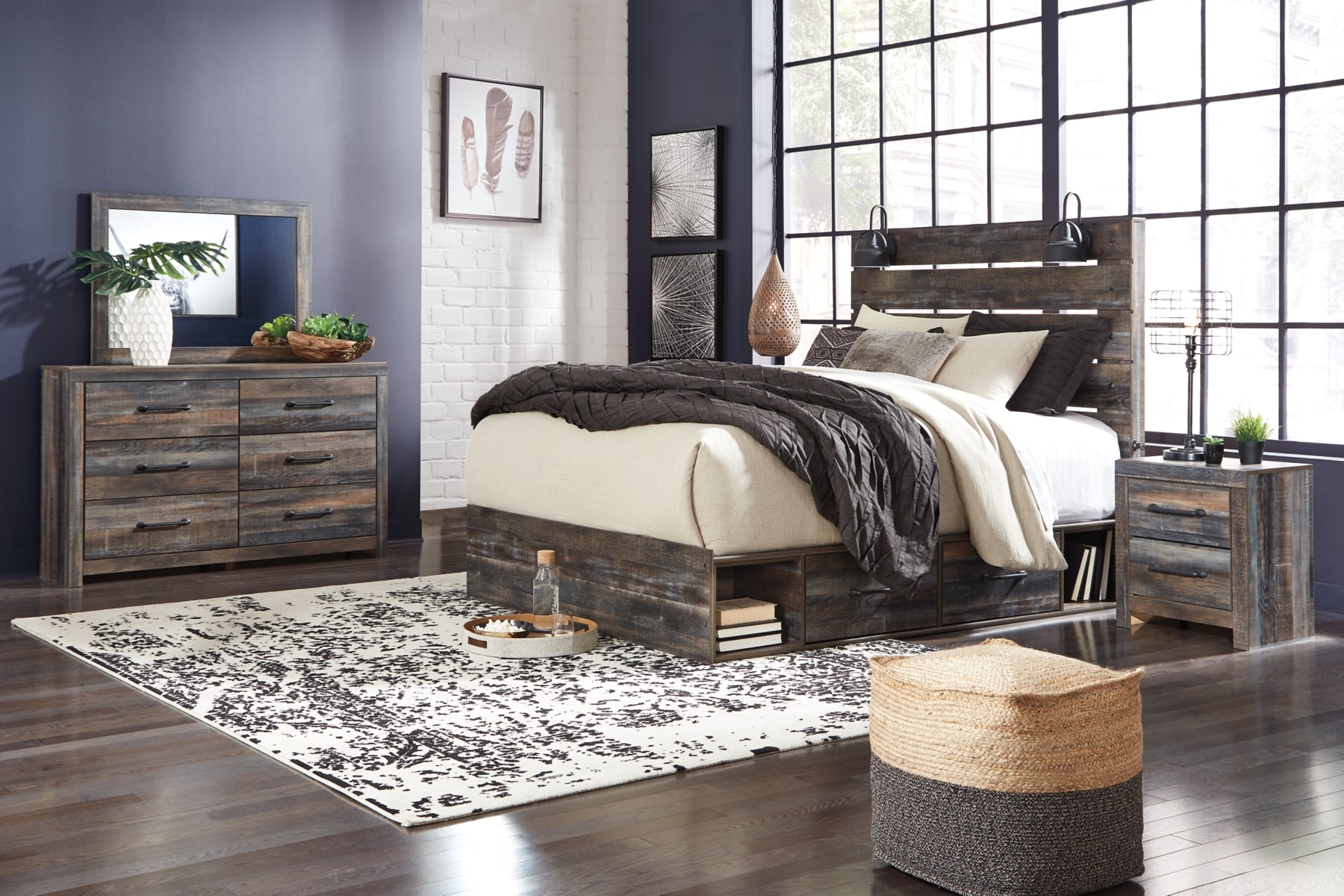 Drystan King Panel Bed with 2 Storage Drawers with Mirrored Dresser and Nightstand