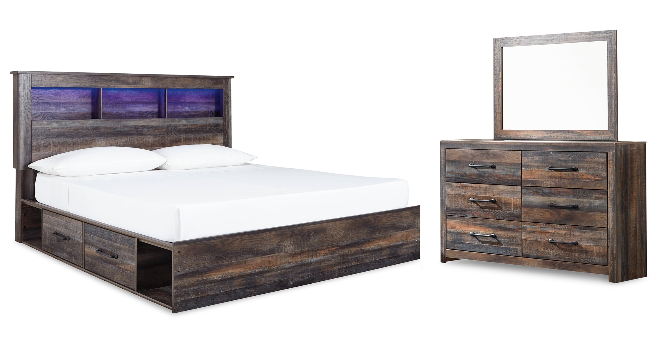 Drystan King Bookcase Bed with 4 Storage Drawers with Mirrored Dresser