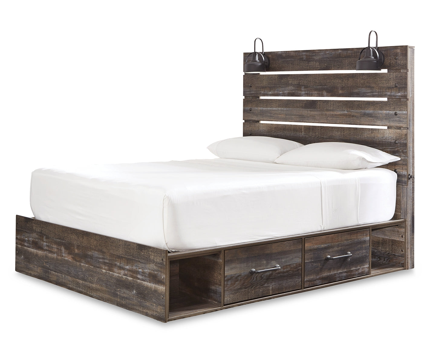 Drystan Queen Panel Bed with 2 Storage Drawers with Mirrored Dresser, Chest and 2 Nightstands