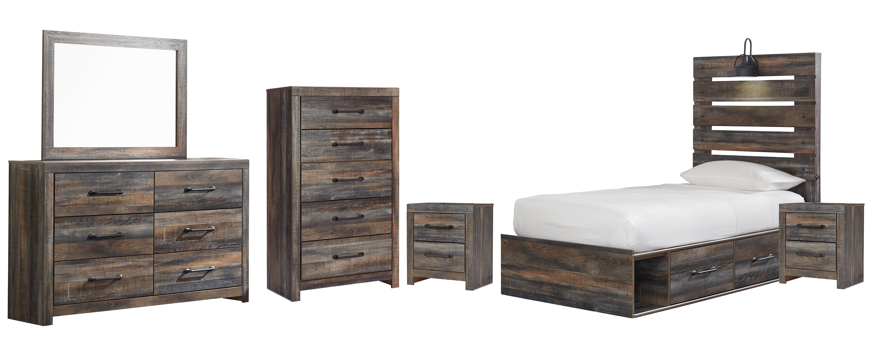 Drystan Twin Panel Bed with 4 Storage Drawers with Mirrored Dresser, Chest and 2 Nightstands