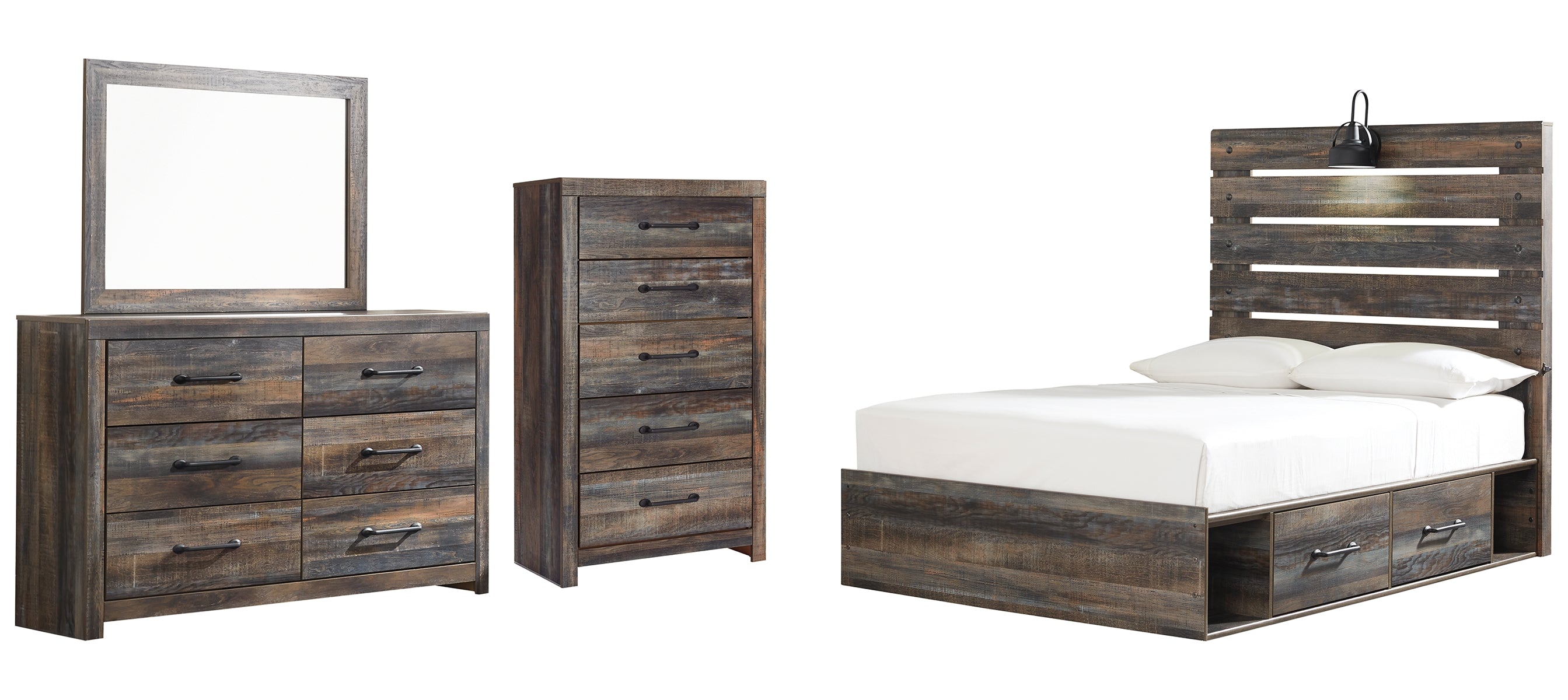 Drystan Full Panel Bed with 4 Storage Drawers with Mirrored Dresser and Chest