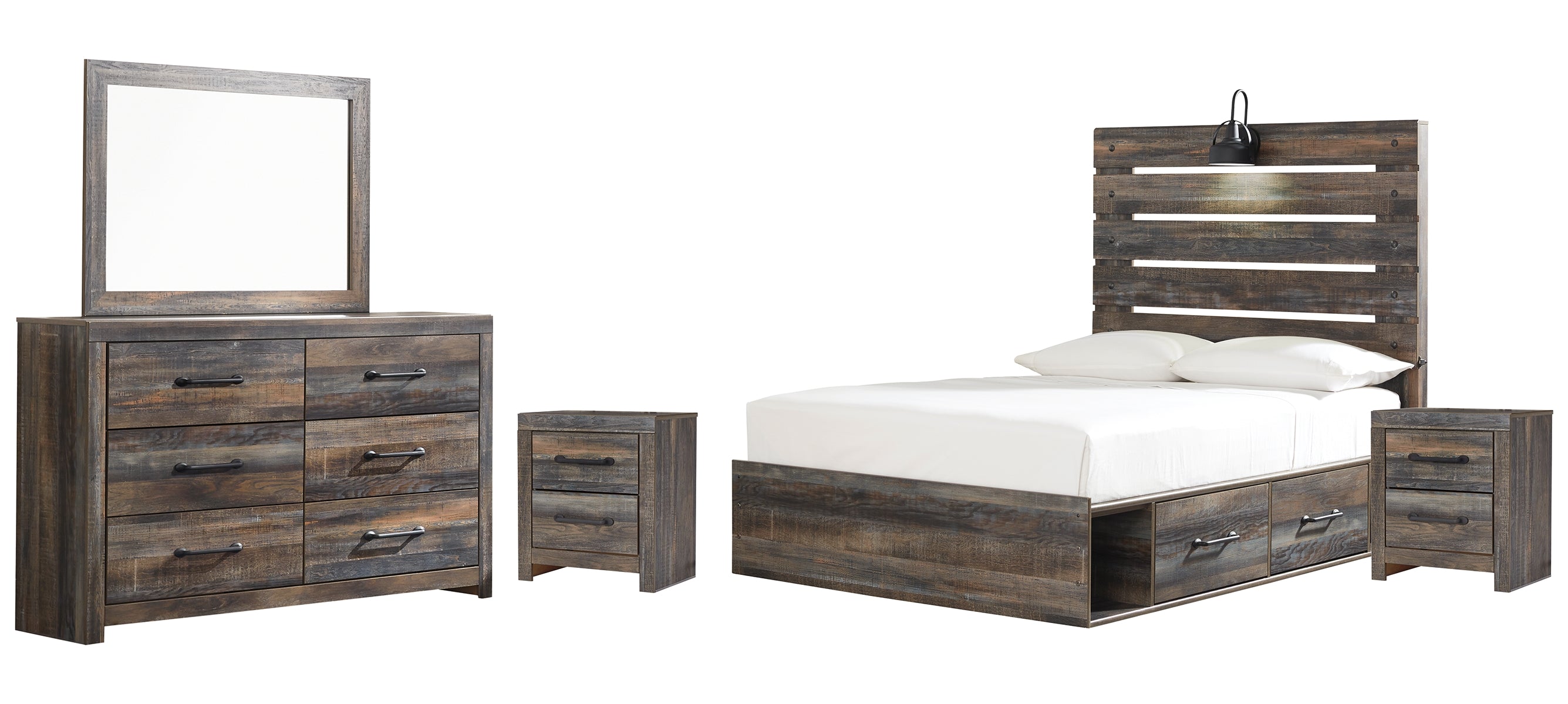 Drystan Full Panel Bed with 4 Storage Drawers with Mirrored Dresser and 2 Nightstands