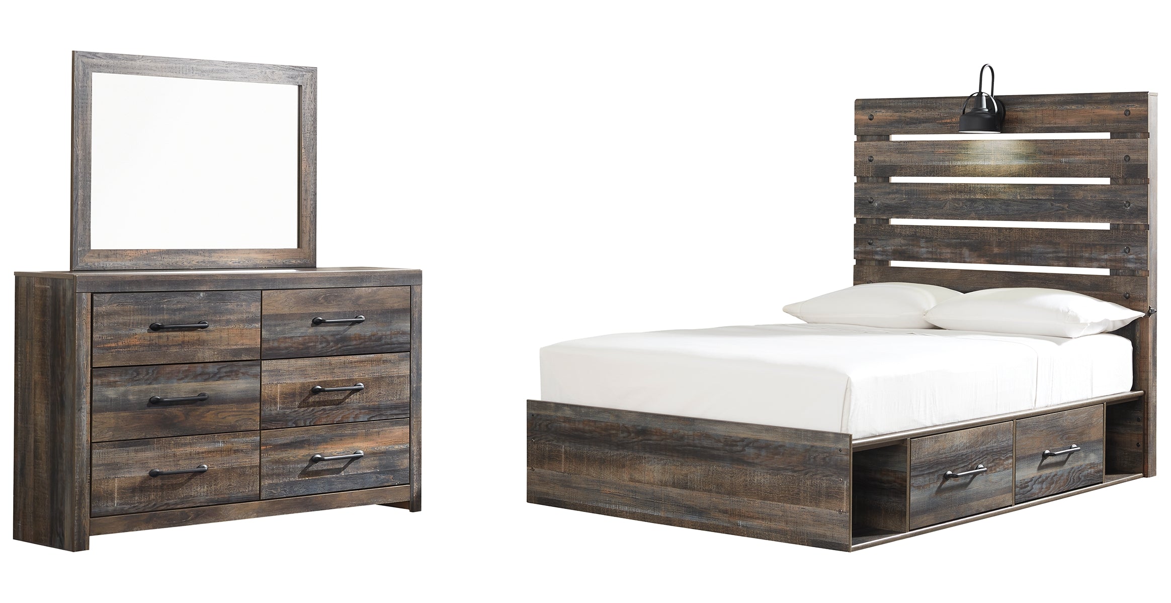 Drystan Full Panel Bed with 4 Storage Drawers with Mirrored Dresser