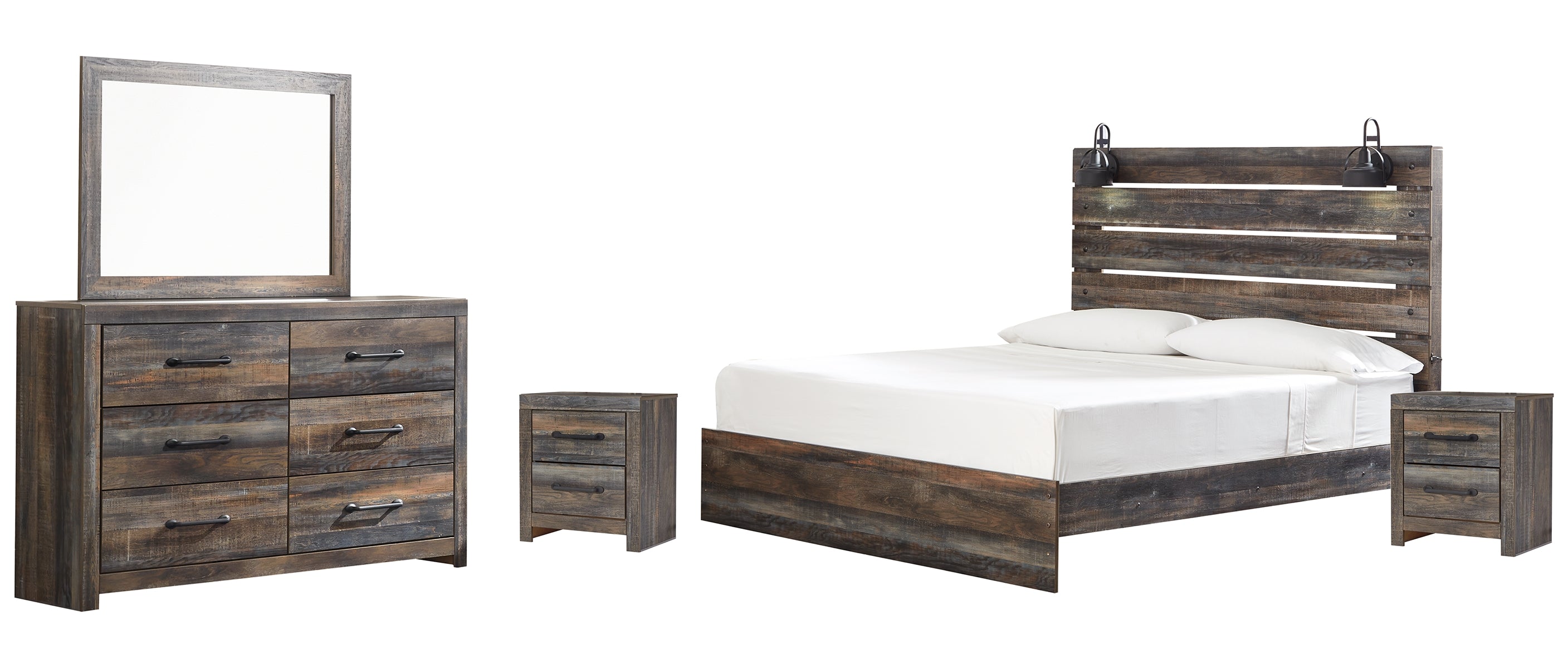 Drystan King Panel Bed with Mirrored Dresser and 2 Nightstands
