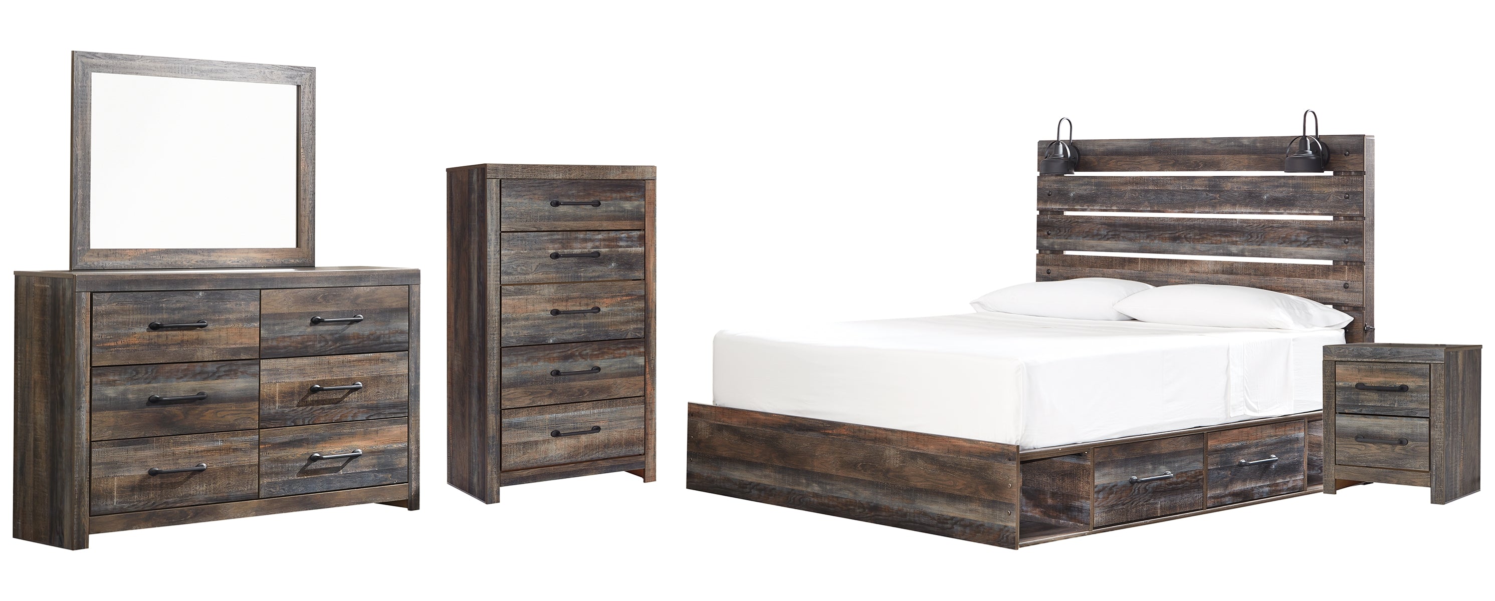 Drystan King Panel Bed with 2 Storage Drawers with Mirrored Dresser, Chest and Nightstand